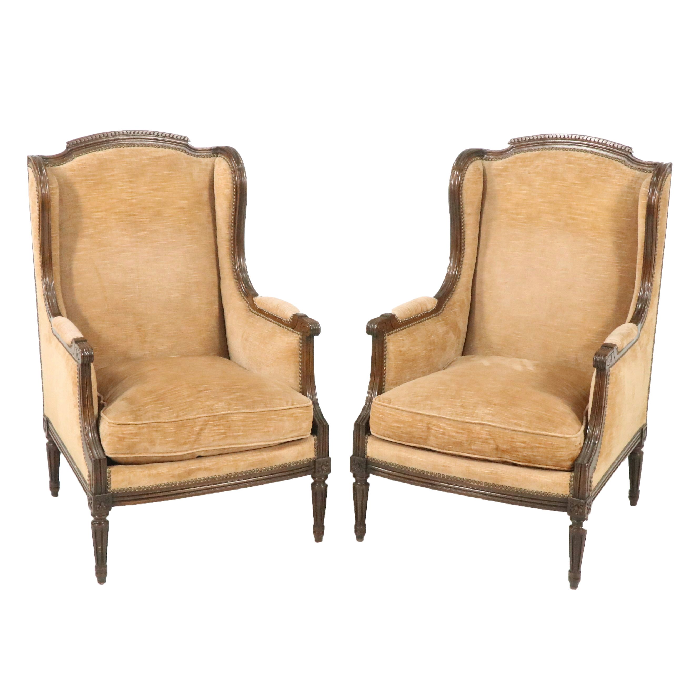 Pair of French Louis XVI Style Carved Wood and Upholstered Bergère Chairs