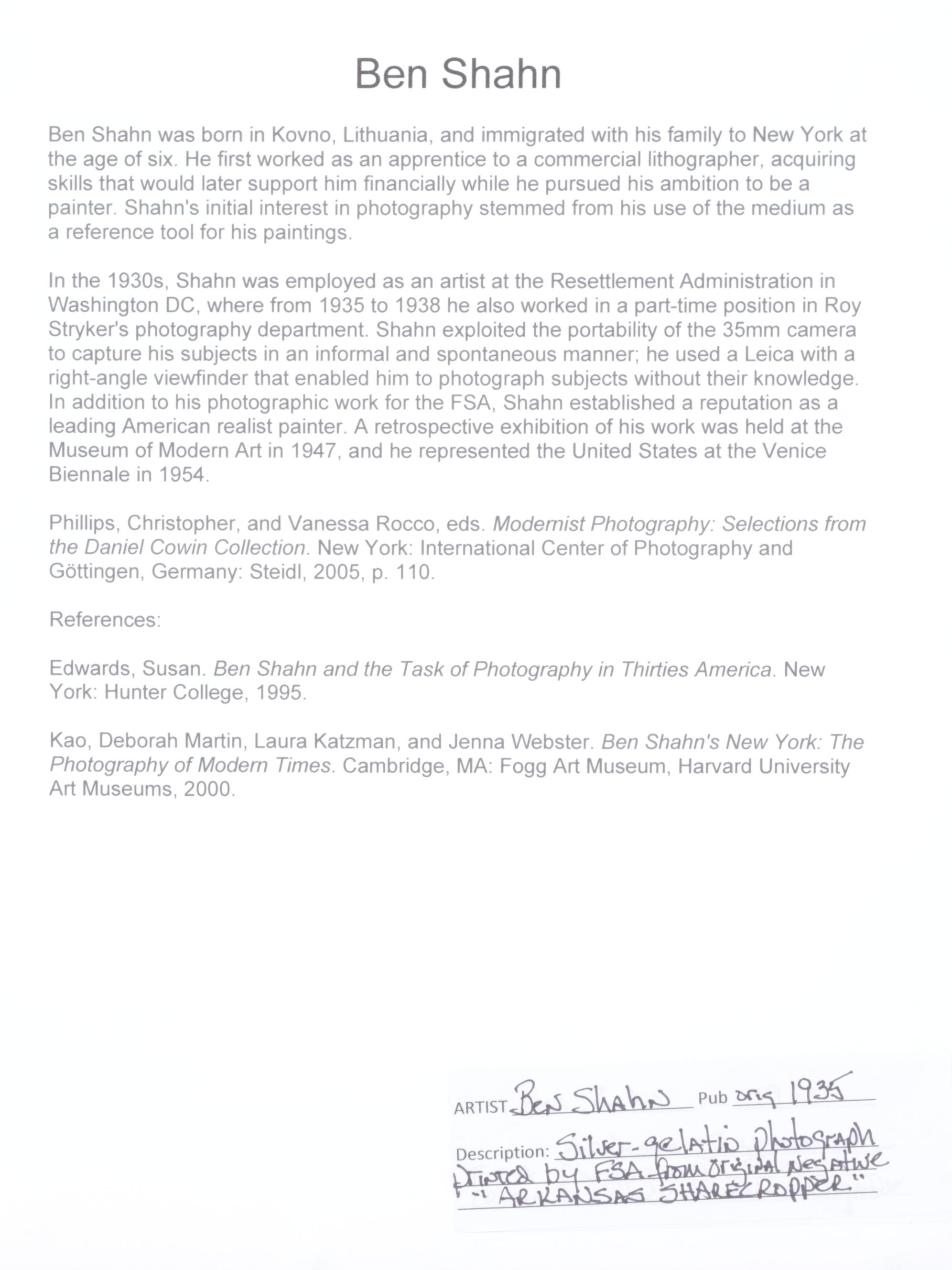 Gelatin Photograph after Ben Shahn Silver "Sharecropper", 21st Century