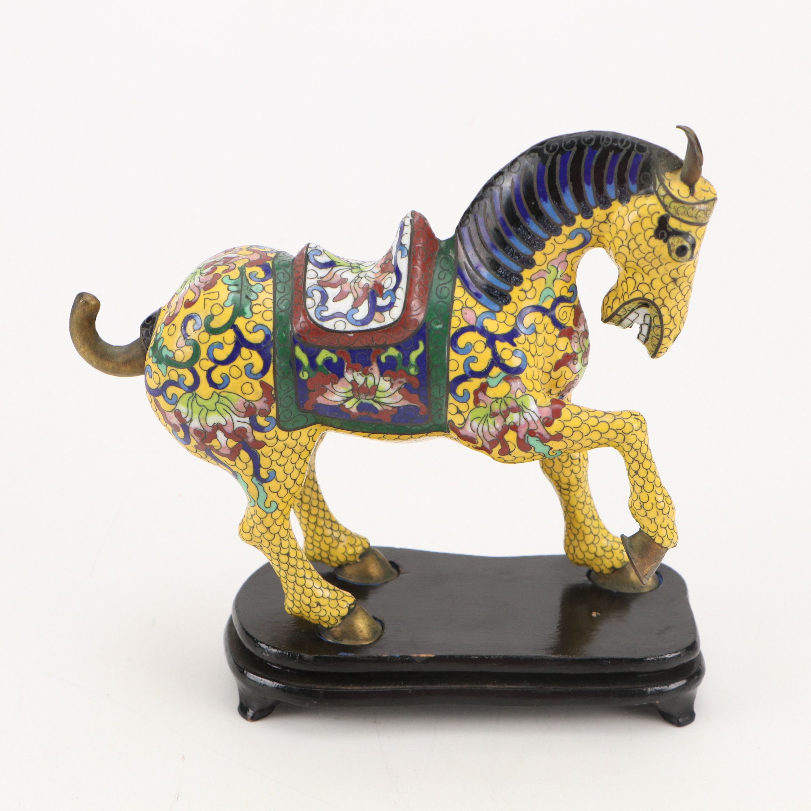 Chinese Cloisonné Horse with Wooden Stand