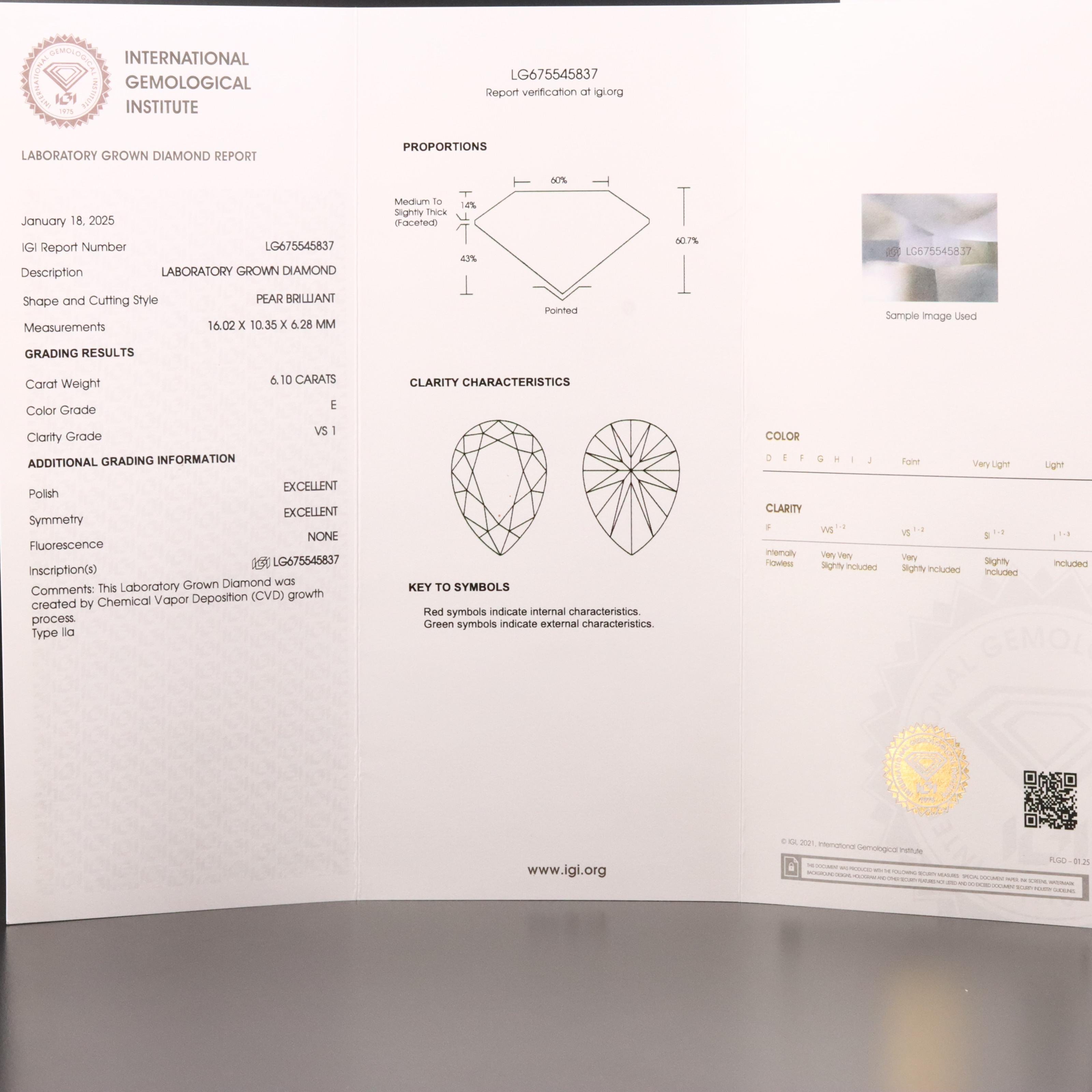 Platinum 6.10 CT Lab Grown Diamond Solitaire Pendant Necklace with IGI Report