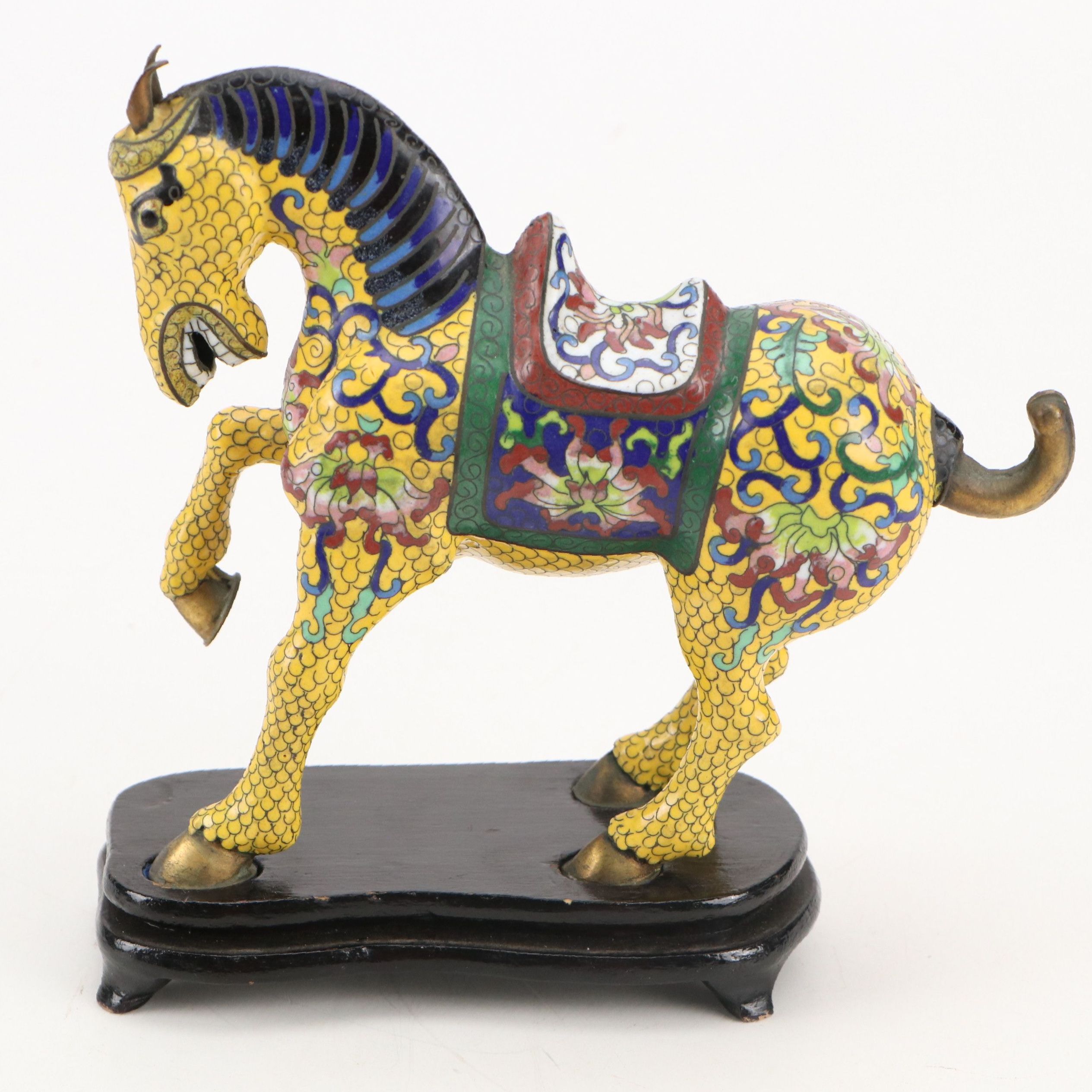 Chinese Cloisonné Horse with Wooden Stand