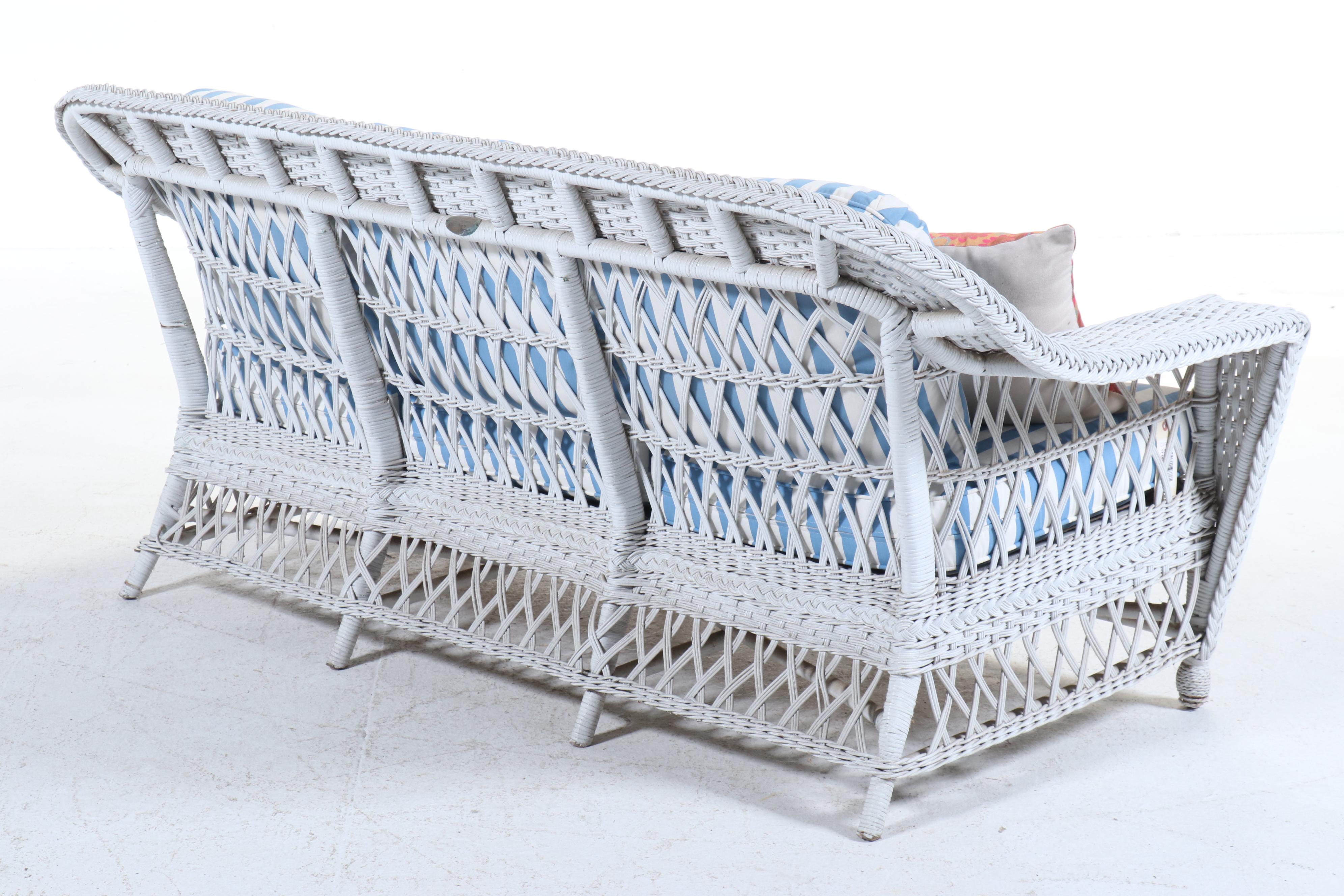 Henry Link White-Painted Wicker Rattan Patio Sofa with Coffee Table