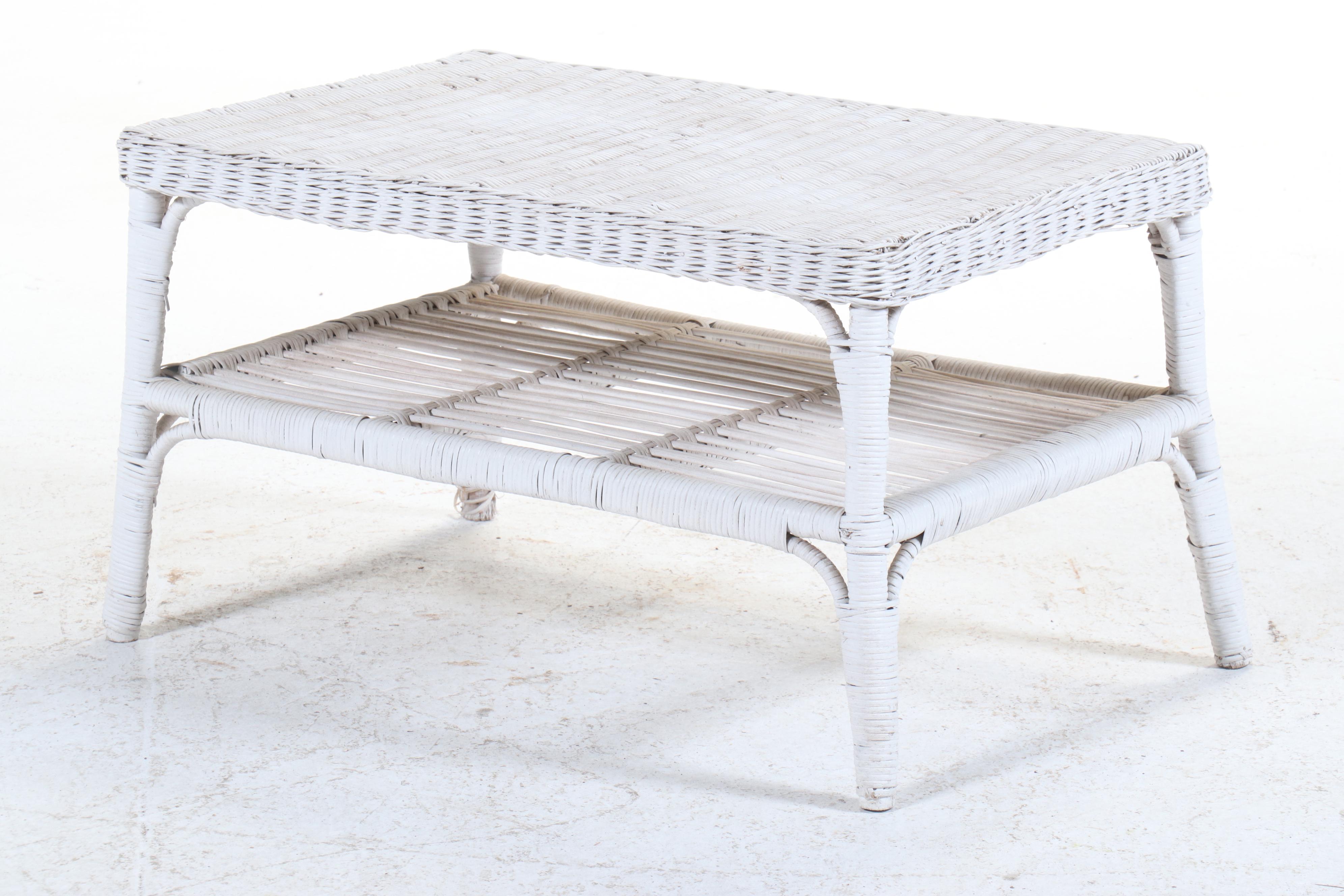 Henry Link White-Painted Wicker Rattan Patio Sofa with Coffee Table