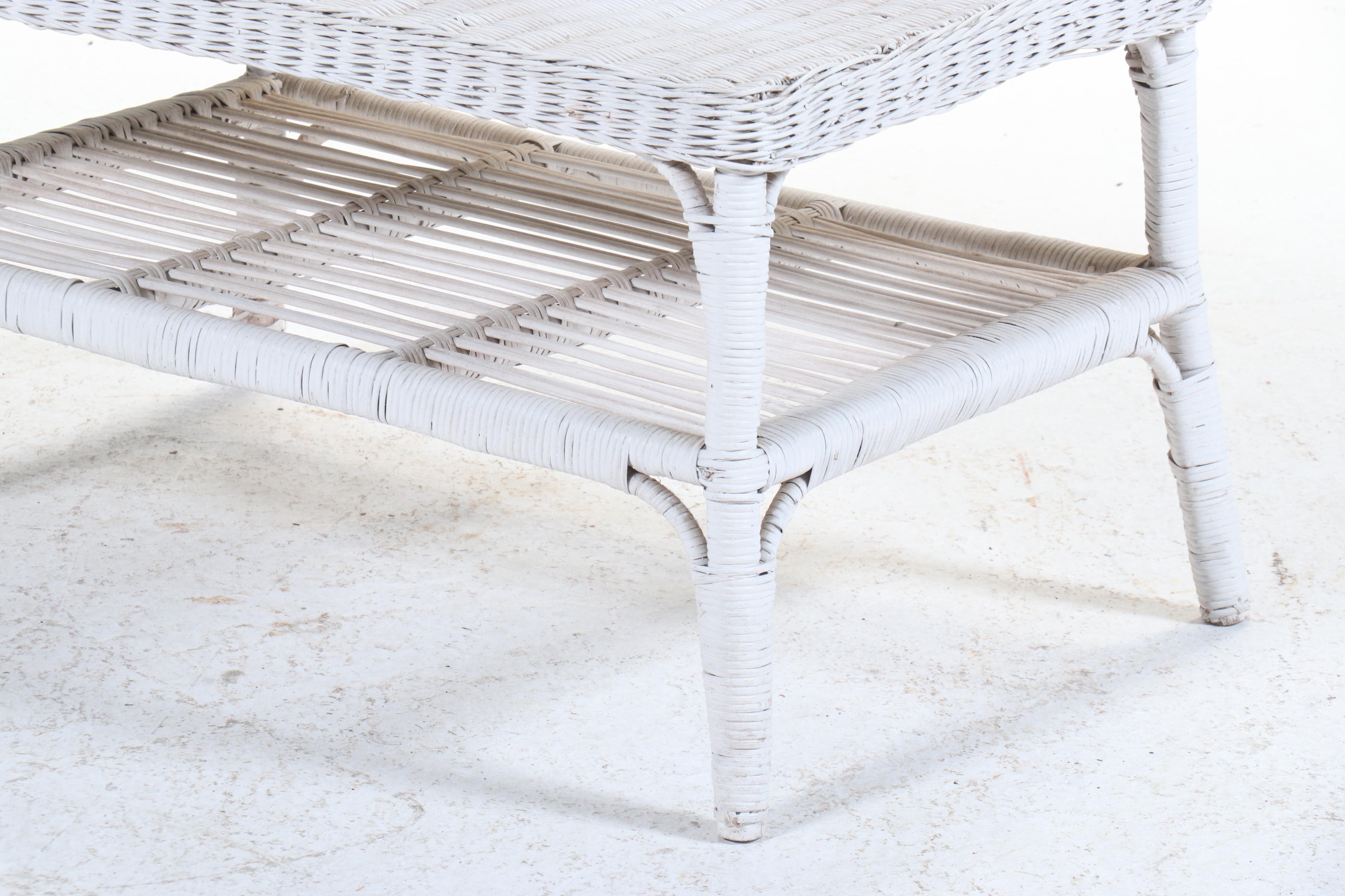 Henry Link White-Painted Wicker Rattan Patio Sofa with Coffee Table