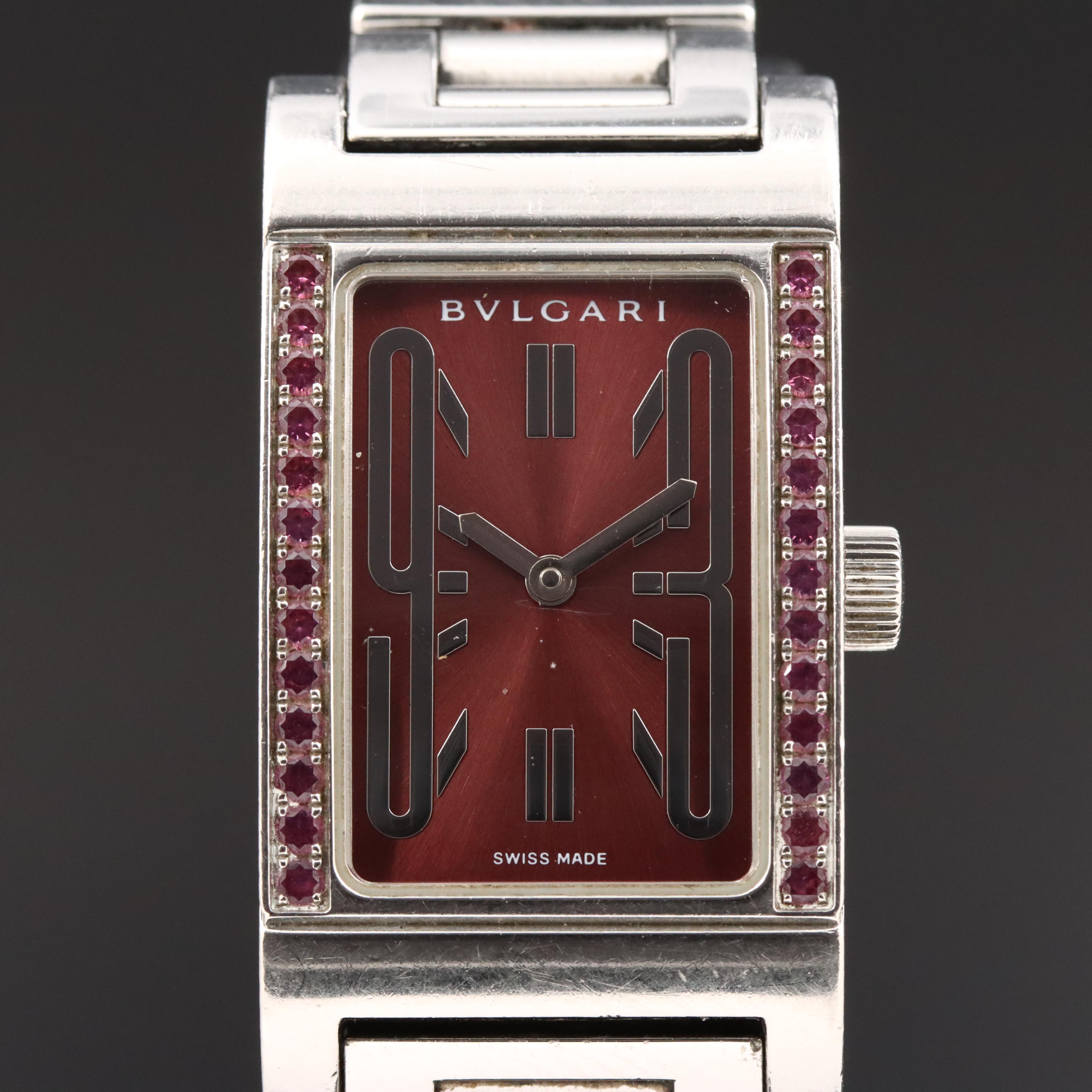 BVLGARI Rettangolo RT 39 S Burgundy Dial 21x39mm Steel Quartz Watch