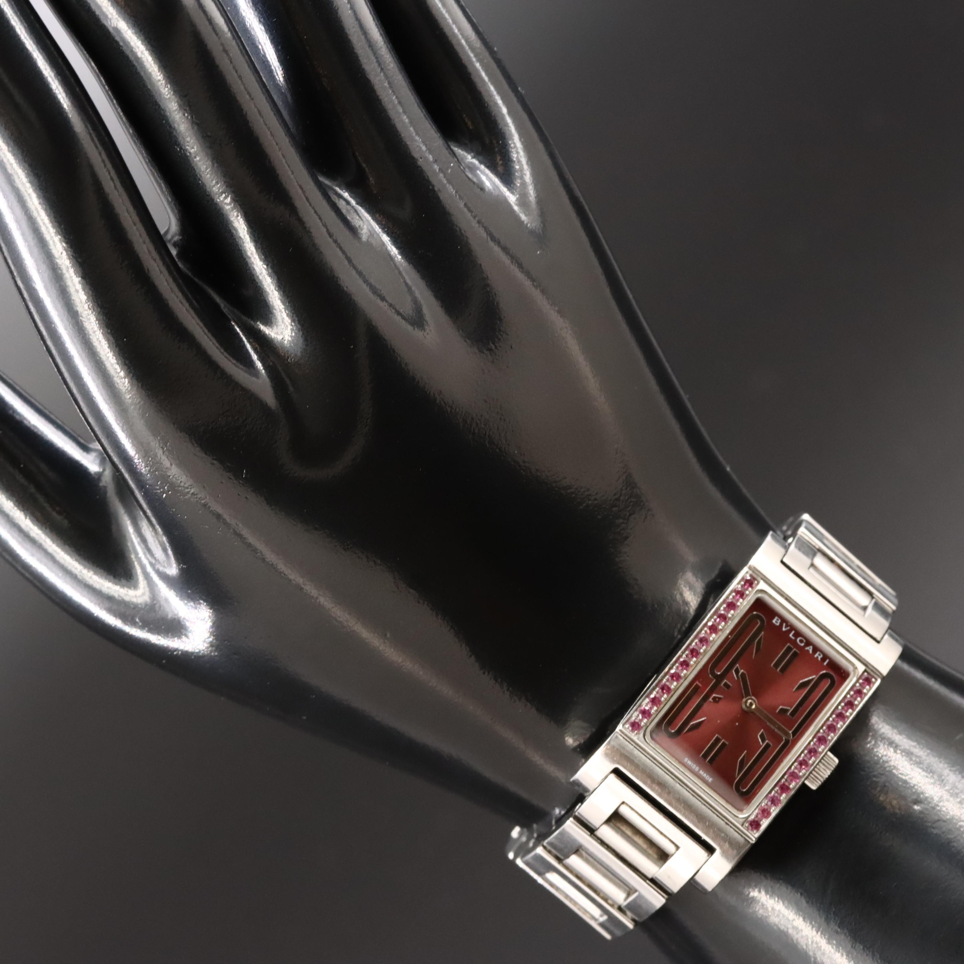 BVLGARI Rettangolo RT 39 S Burgundy Dial 21x39mm Steel Quartz Watch