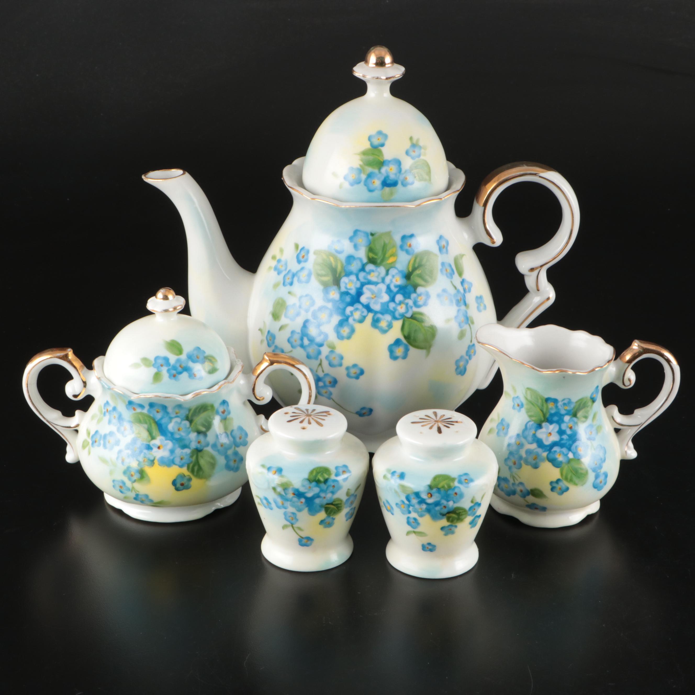 Lefton Hand-Painted "Forget Me Not" Porcelain Tea Set with Shakers, Mid-20th C.