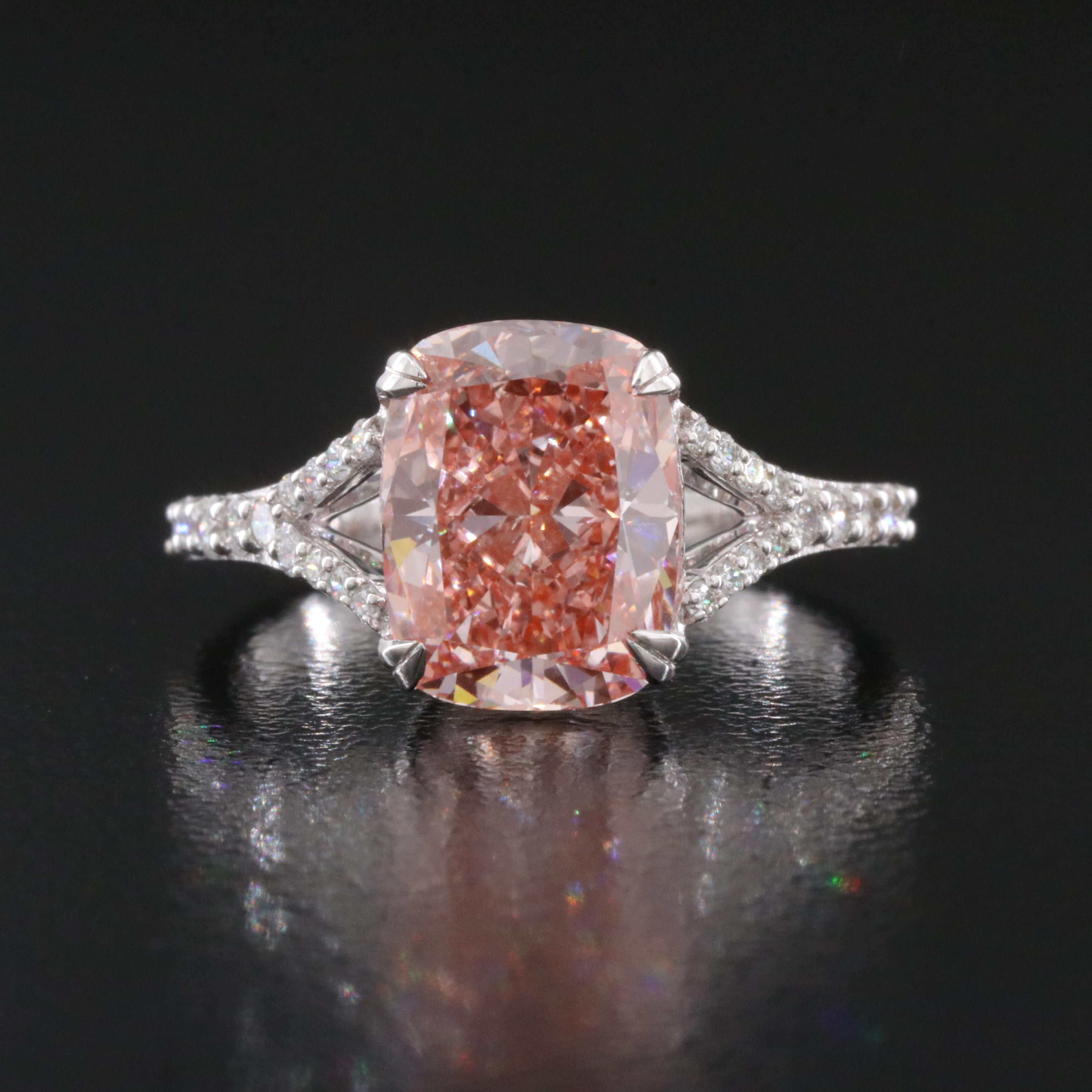 14K 3.32 CTW Lab Grown Diamond Ring with Fancy Pink Center and IGI Report