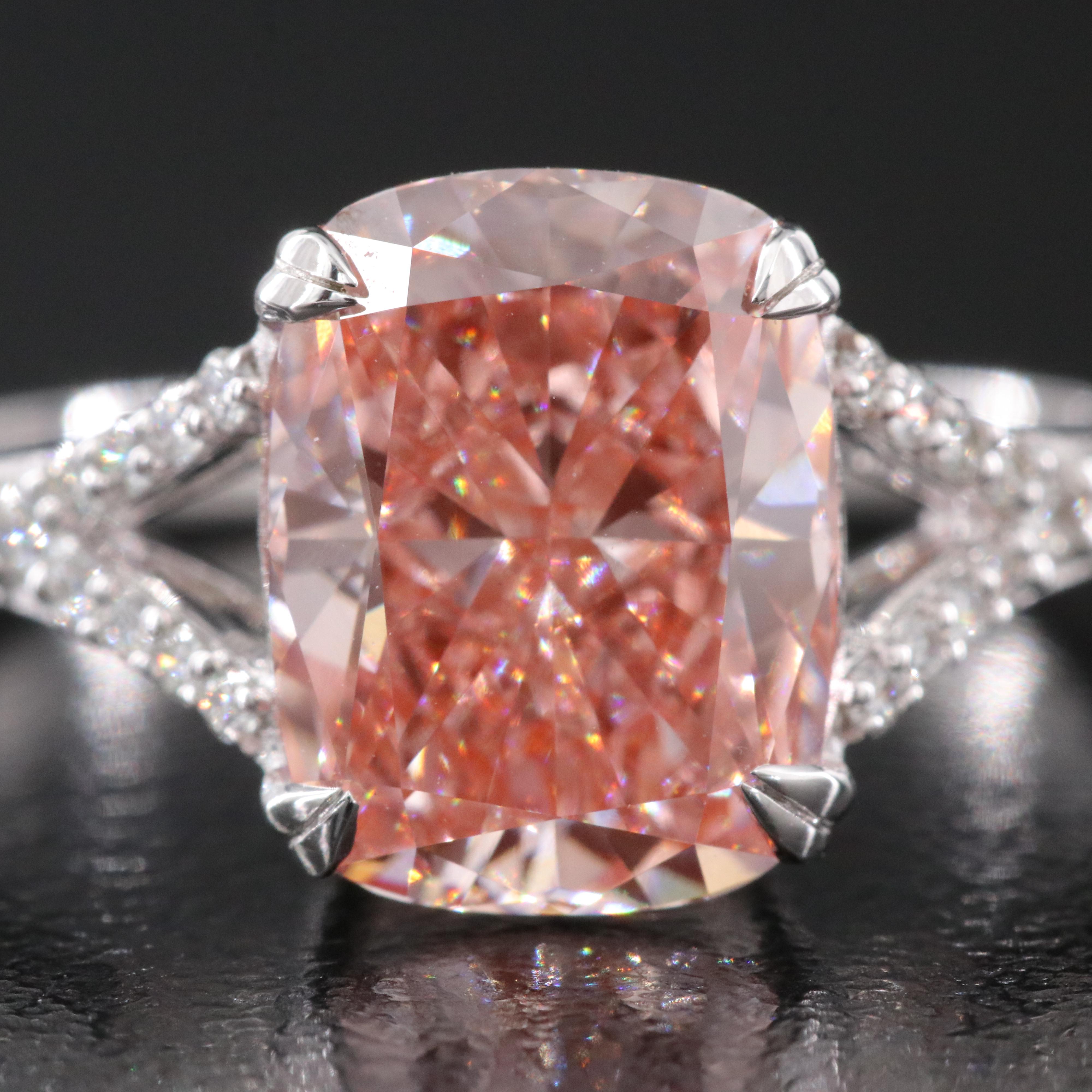 14K 3.32 CTW Lab Grown Diamond Ring with Fancy Pink Center and IGI Report