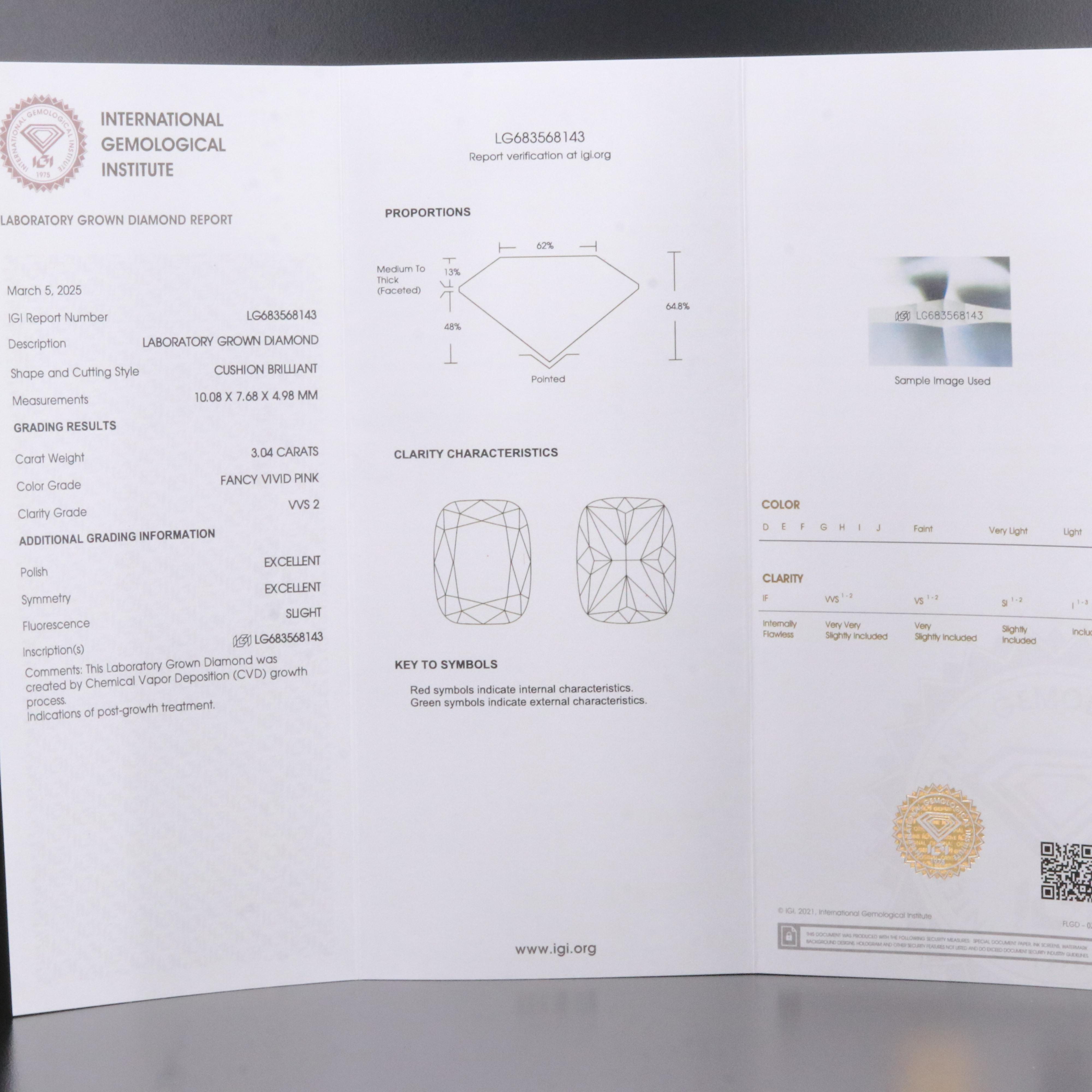 14K 3.32 CTW Lab Grown Diamond Ring with Fancy Pink Center and IGI Report