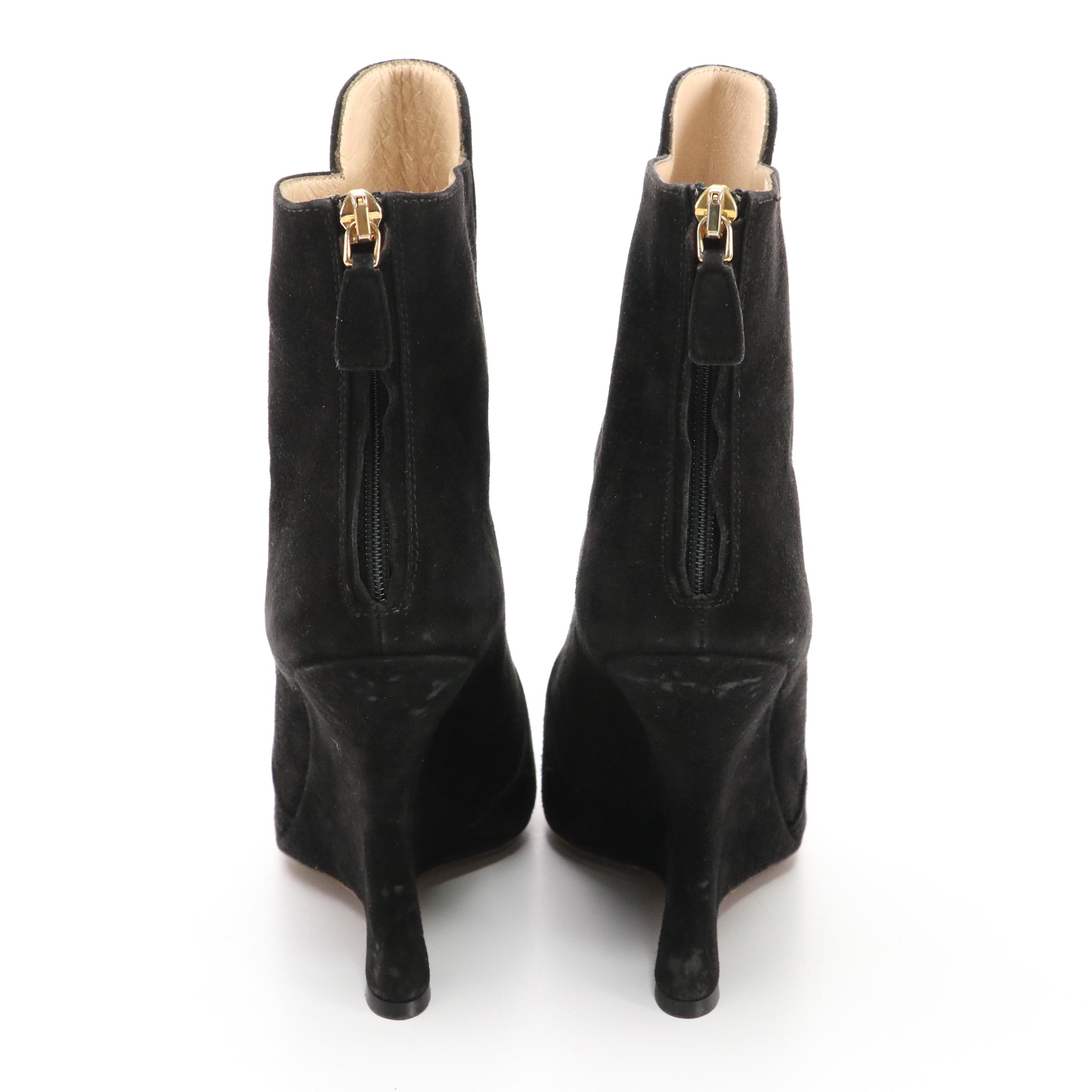 Prada Sculpted Heel Peep-Toe Booties in Black Suede