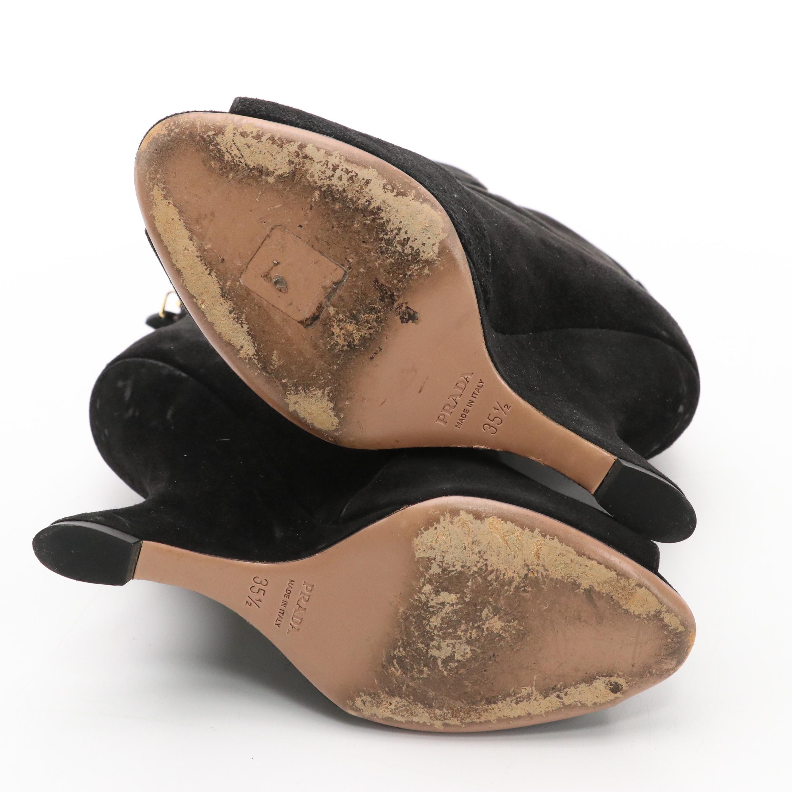 Prada Sculpted Heel Peep-Toe Booties in Black Suede