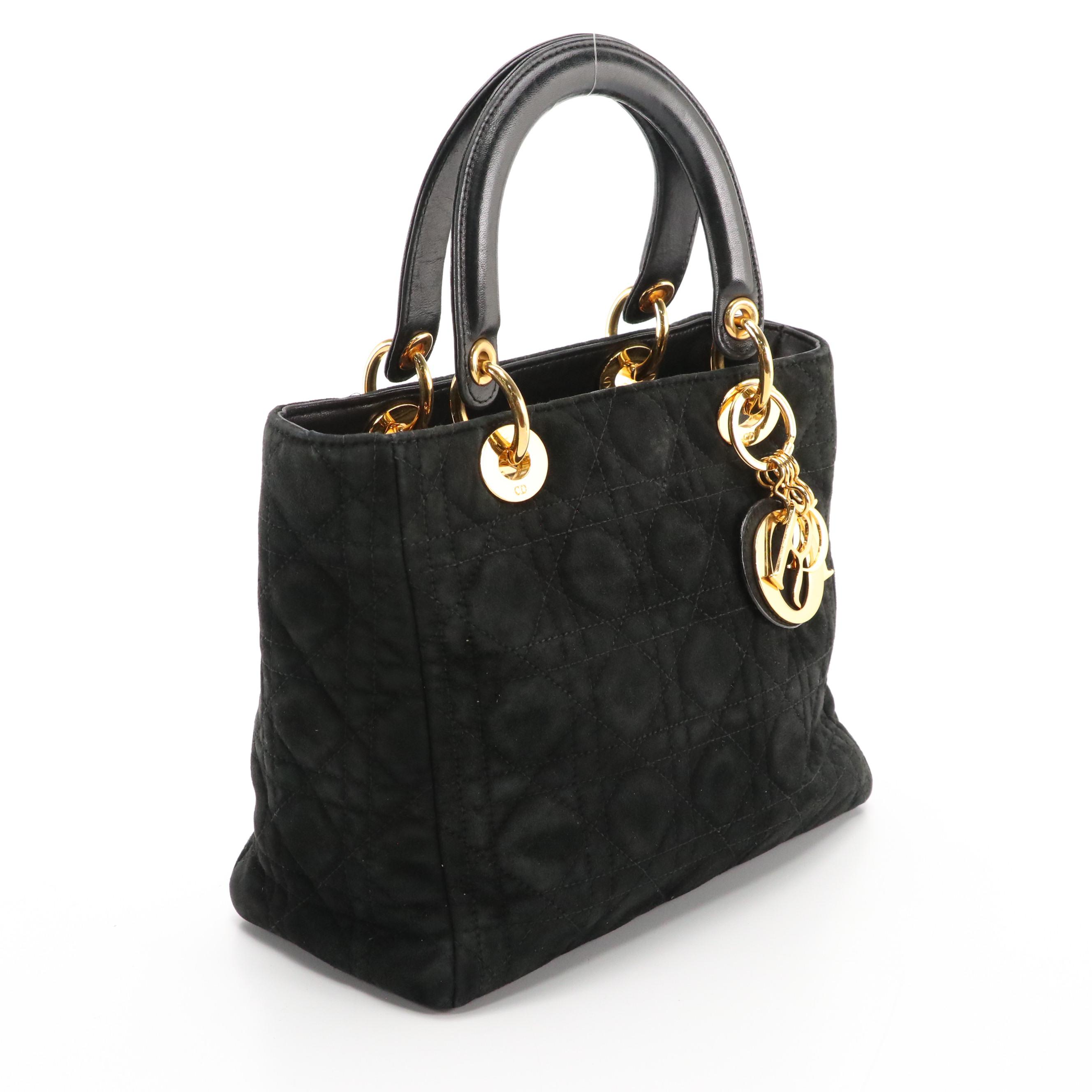 Christian Dior Black Cannage Suede and Lambskin Lady Dior Handbag