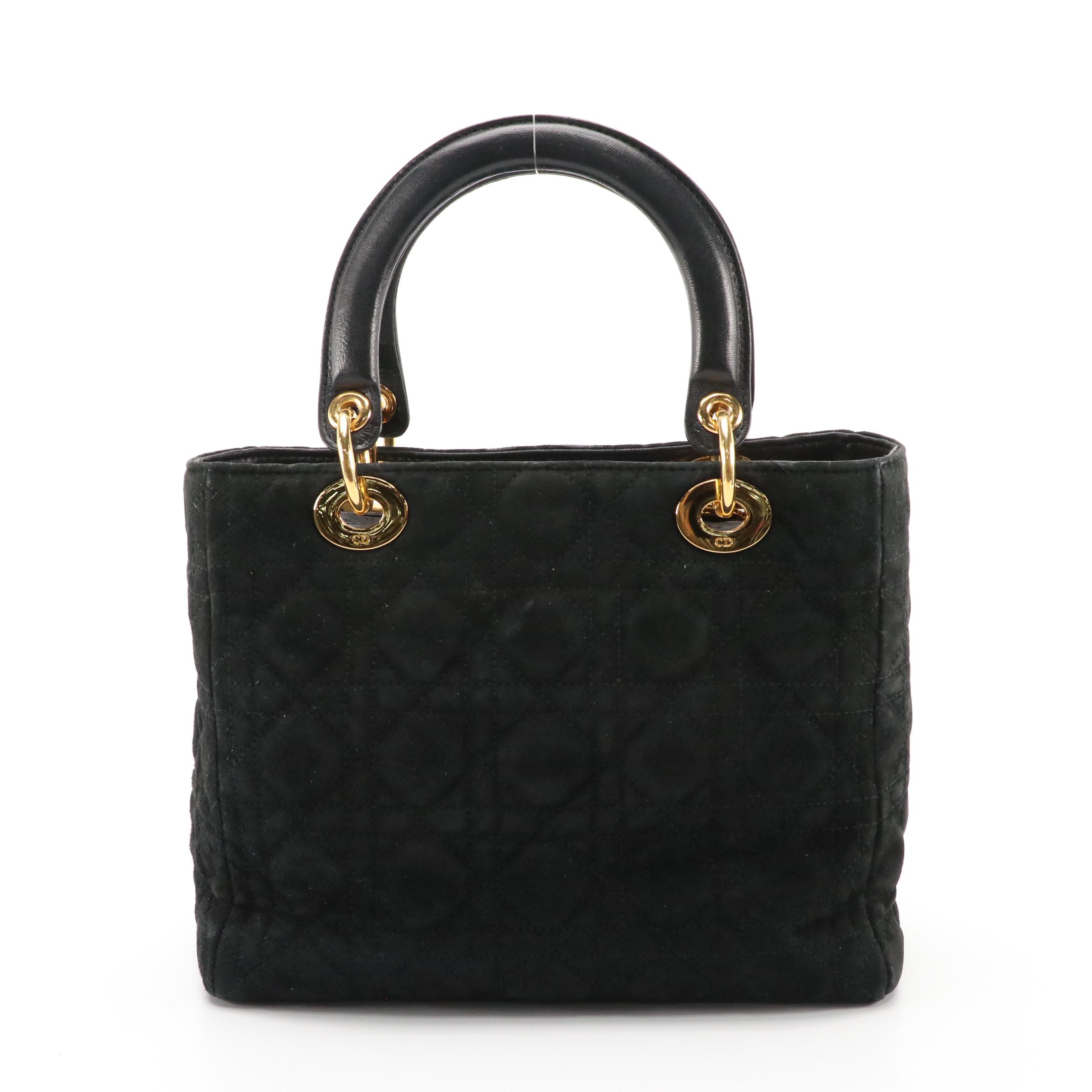 Christian Dior Black Cannage Suede and Lambskin Lady Dior Handbag