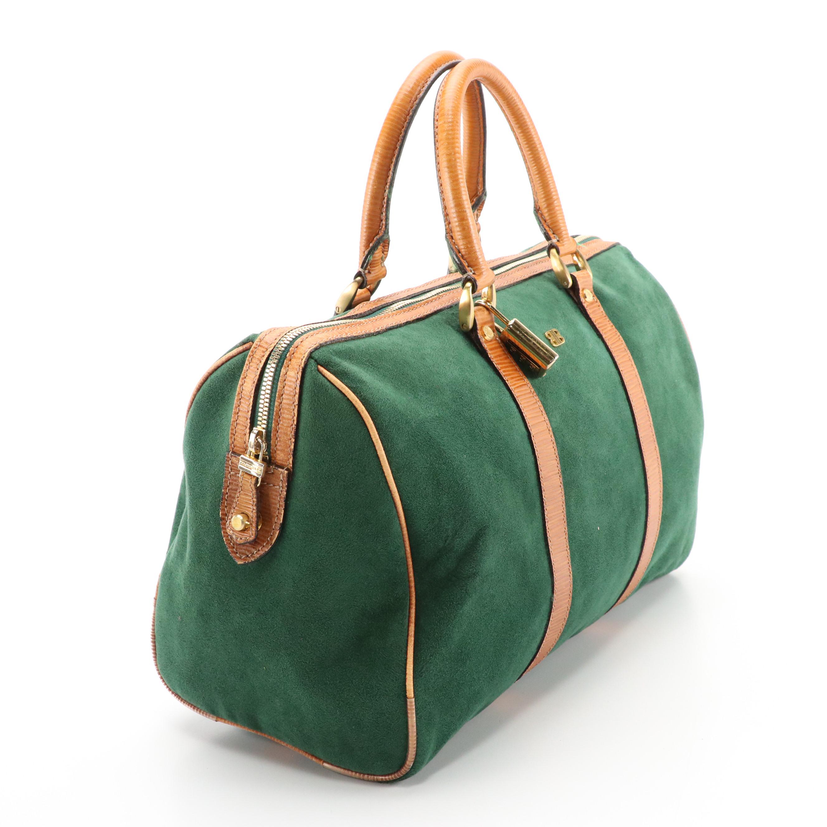 Balenciaga Boston Bag in Green Suede and Textured Brown Leather