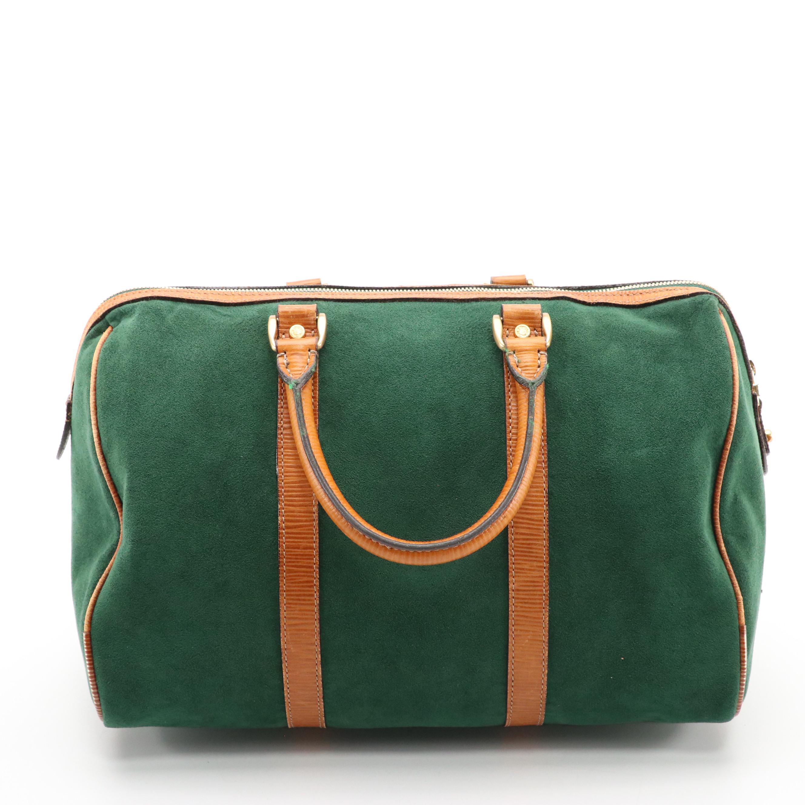 Balenciaga Boston Bag in Green Suede and Textured Brown Leather