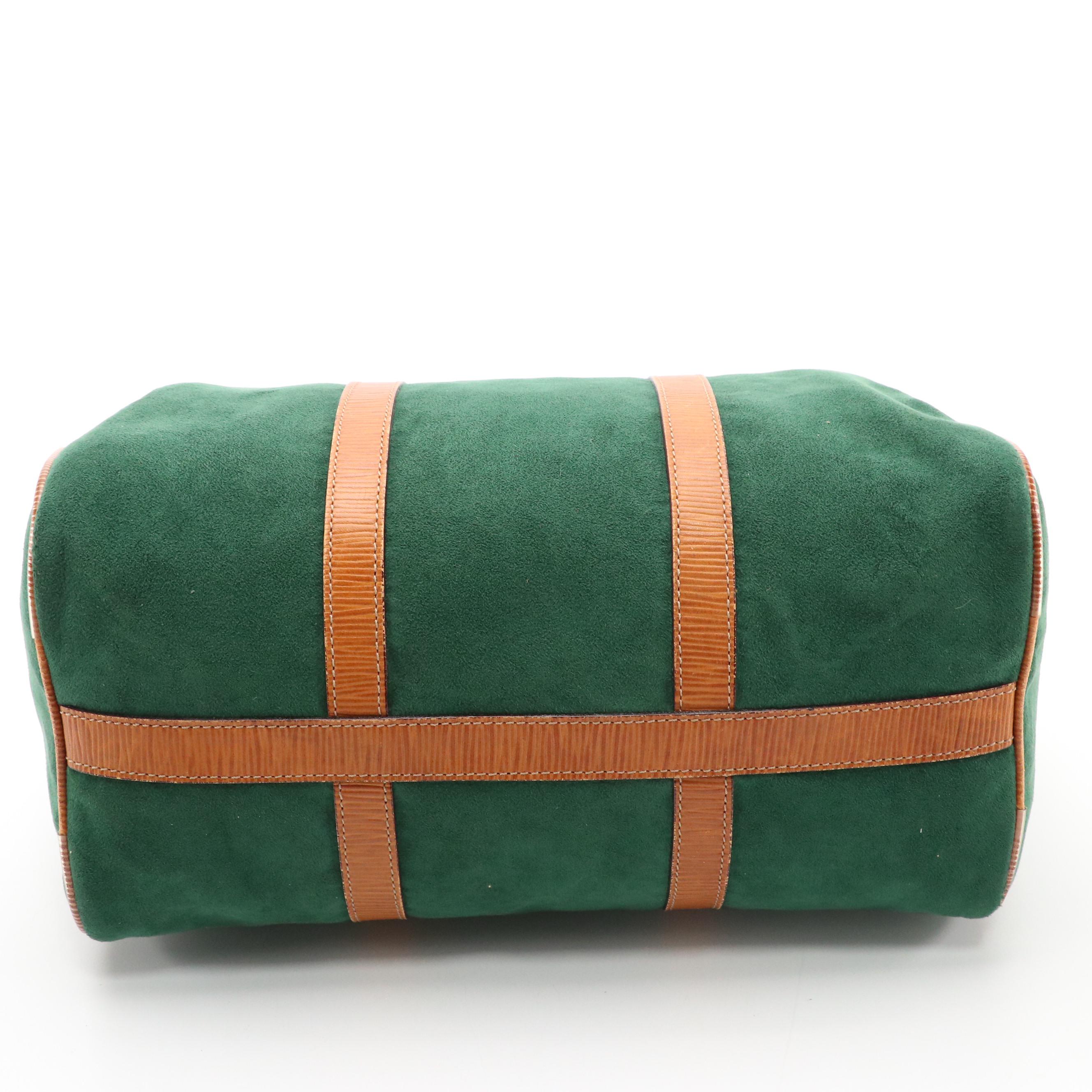 Balenciaga Boston Bag in Green Suede and Textured Brown Leather