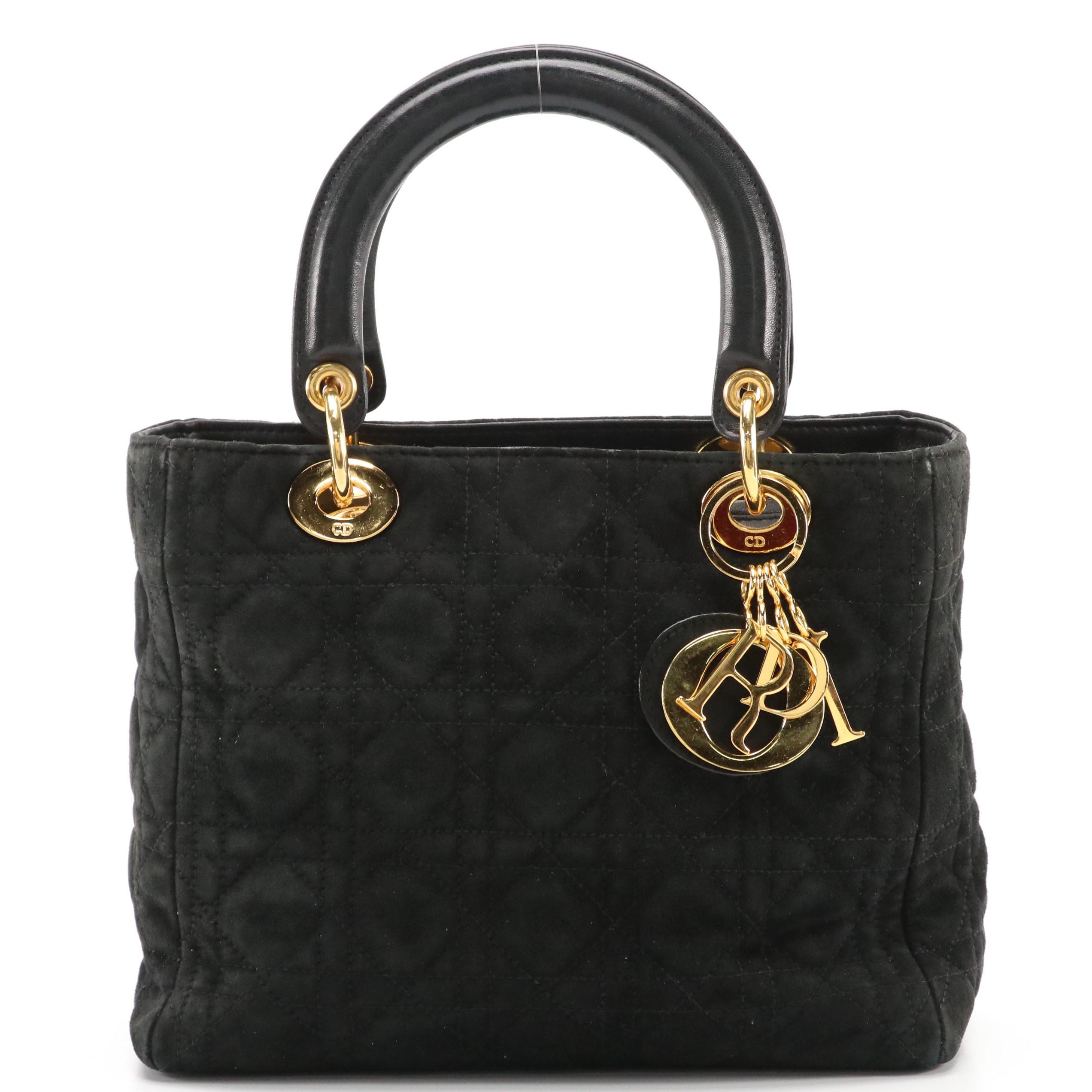 Christian Dior Black Cannage Suede and Lambskin Lady Dior Handbag