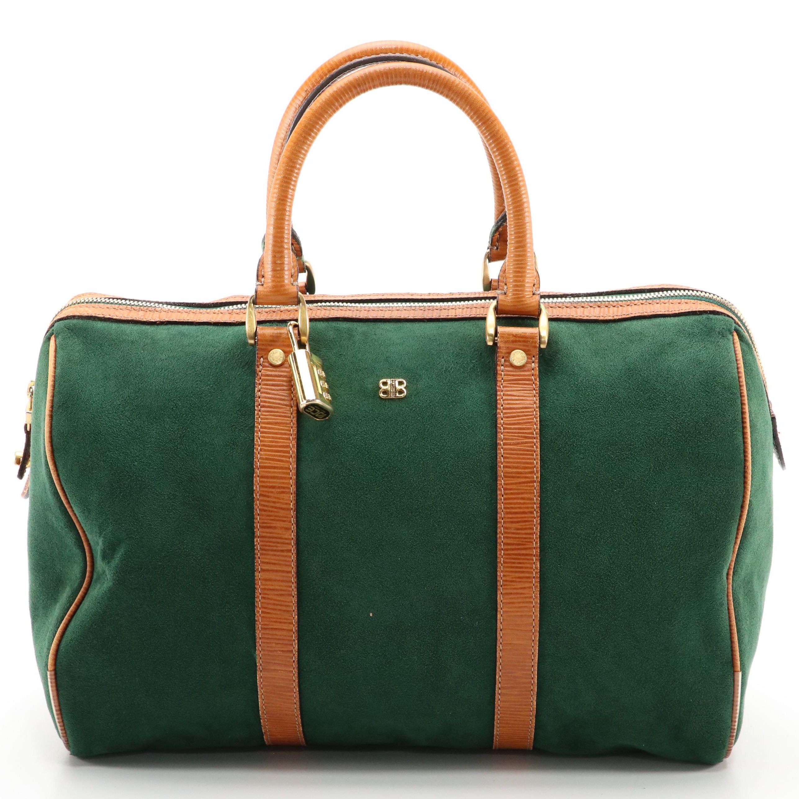 Balenciaga Boston Bag in Green Suede and Textured Brown Leather