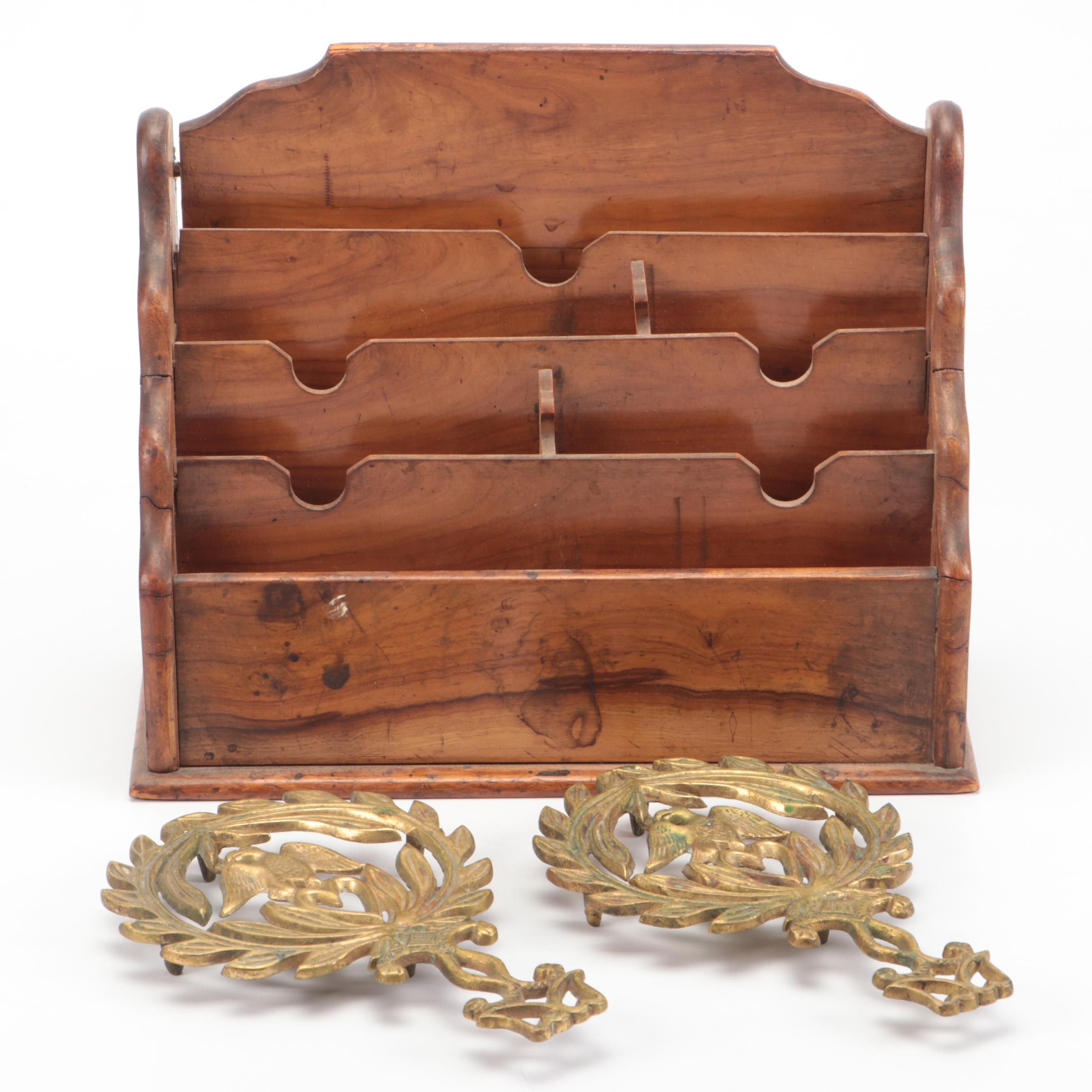Wooden Letter Rack with Pair of Brass Eagle Wreath Trivets