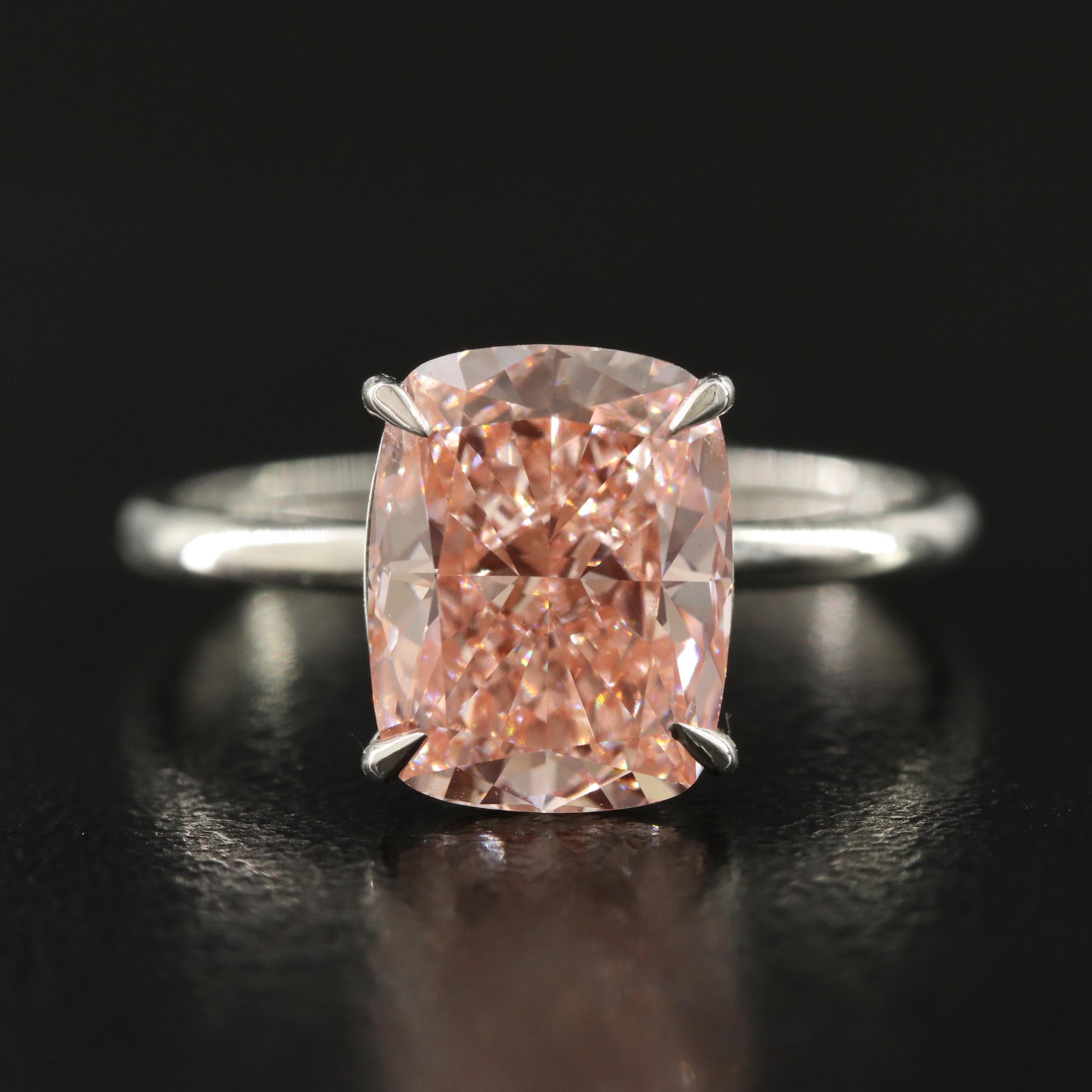 Platinum 3.04 CT Lab Grown Fancy Pink Diamond Solitaire Ring with IGI Report