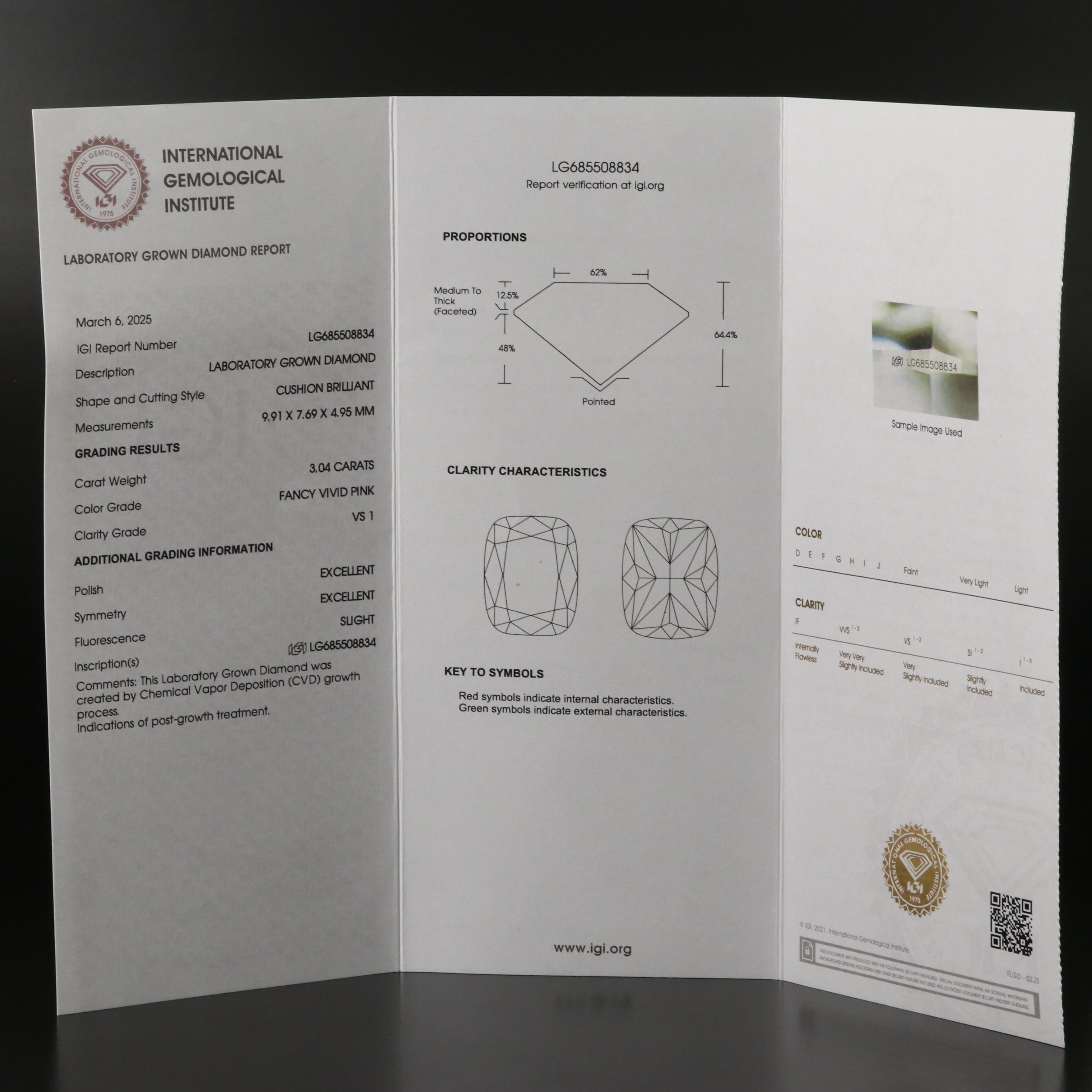 Platinum 3.04 CT Lab Grown Fancy Pink Diamond Solitaire Ring with IGI Report