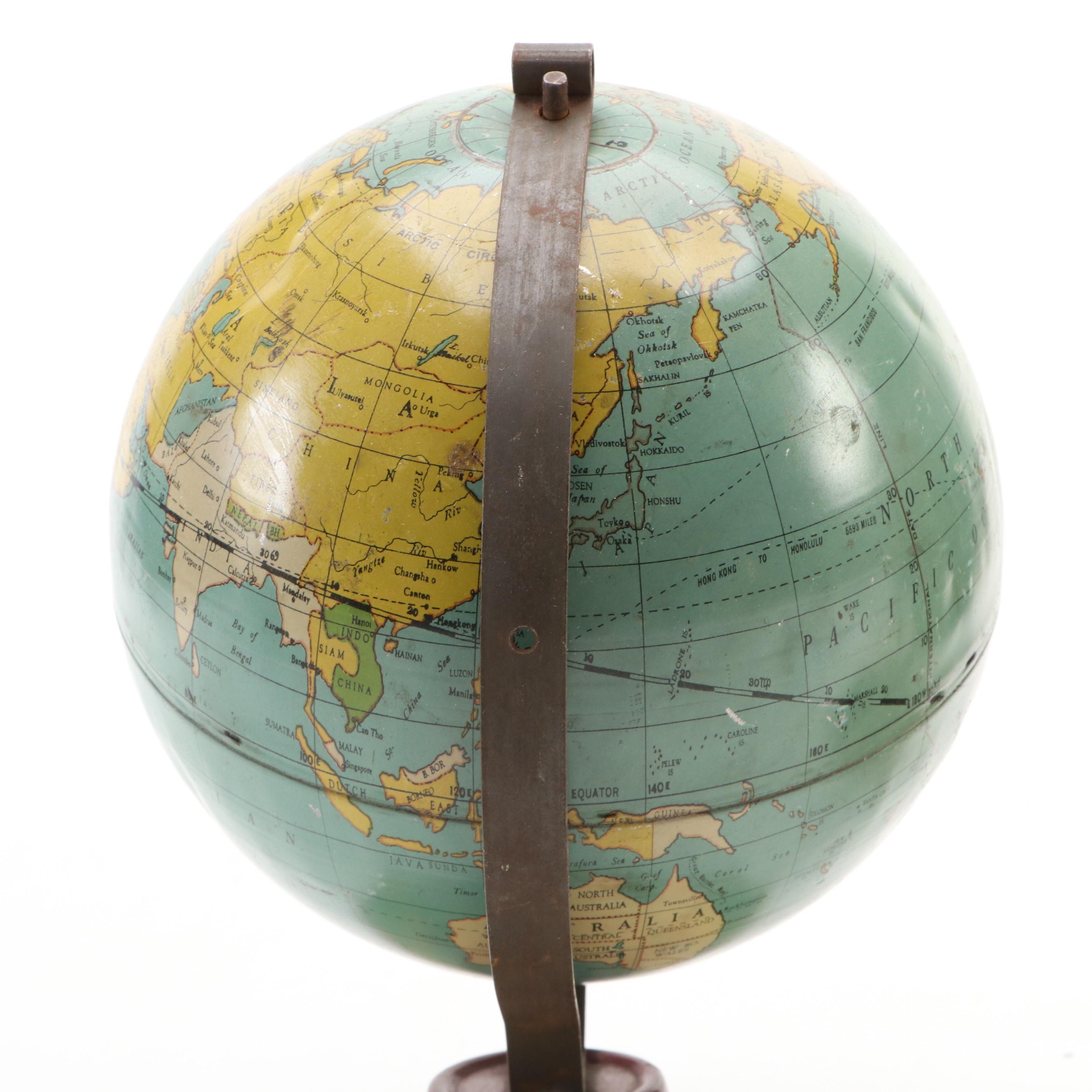Tin Lithograph Desk World Globes, Mid-20th Century