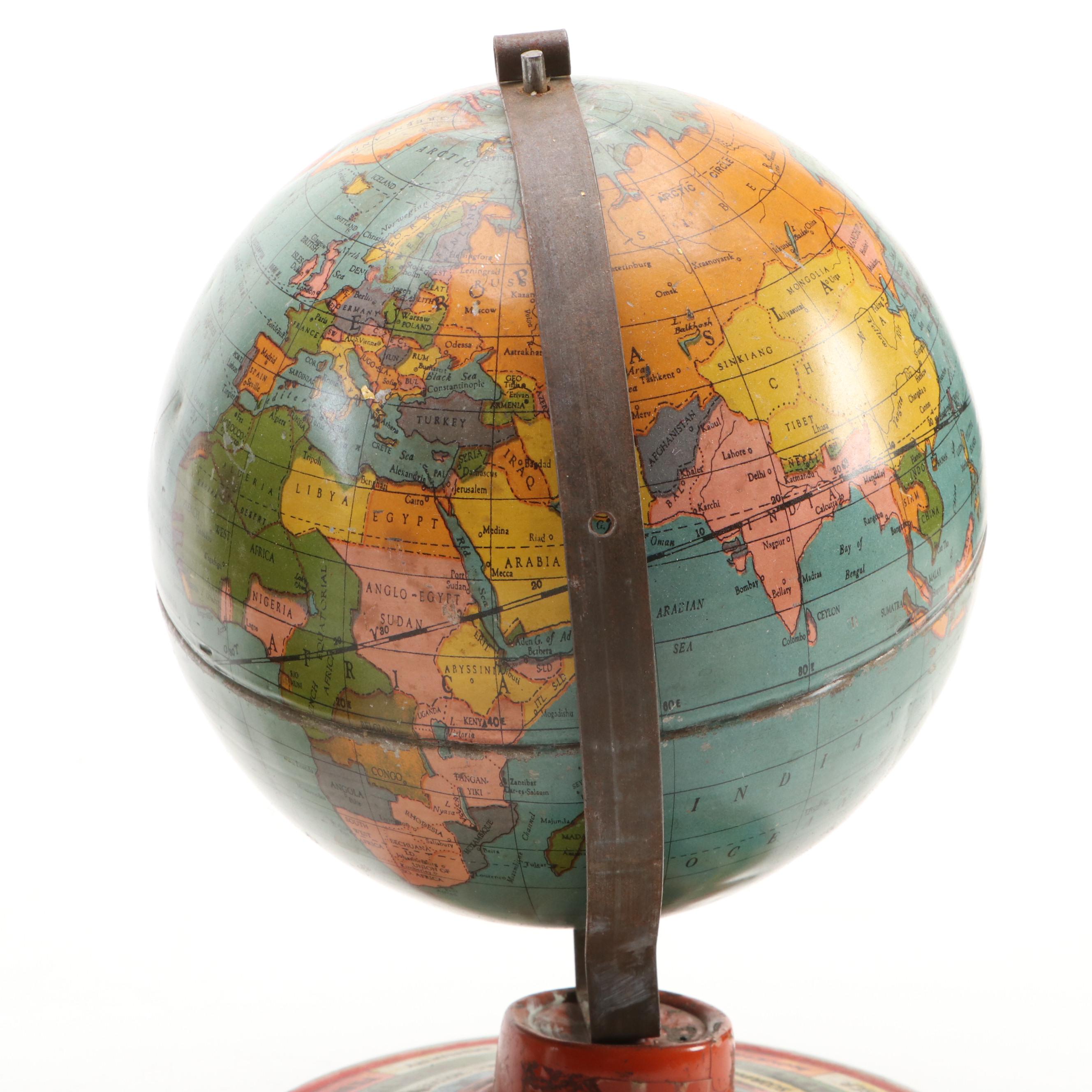 Tin Lithograph Desk World Globes, Mid-20th Century