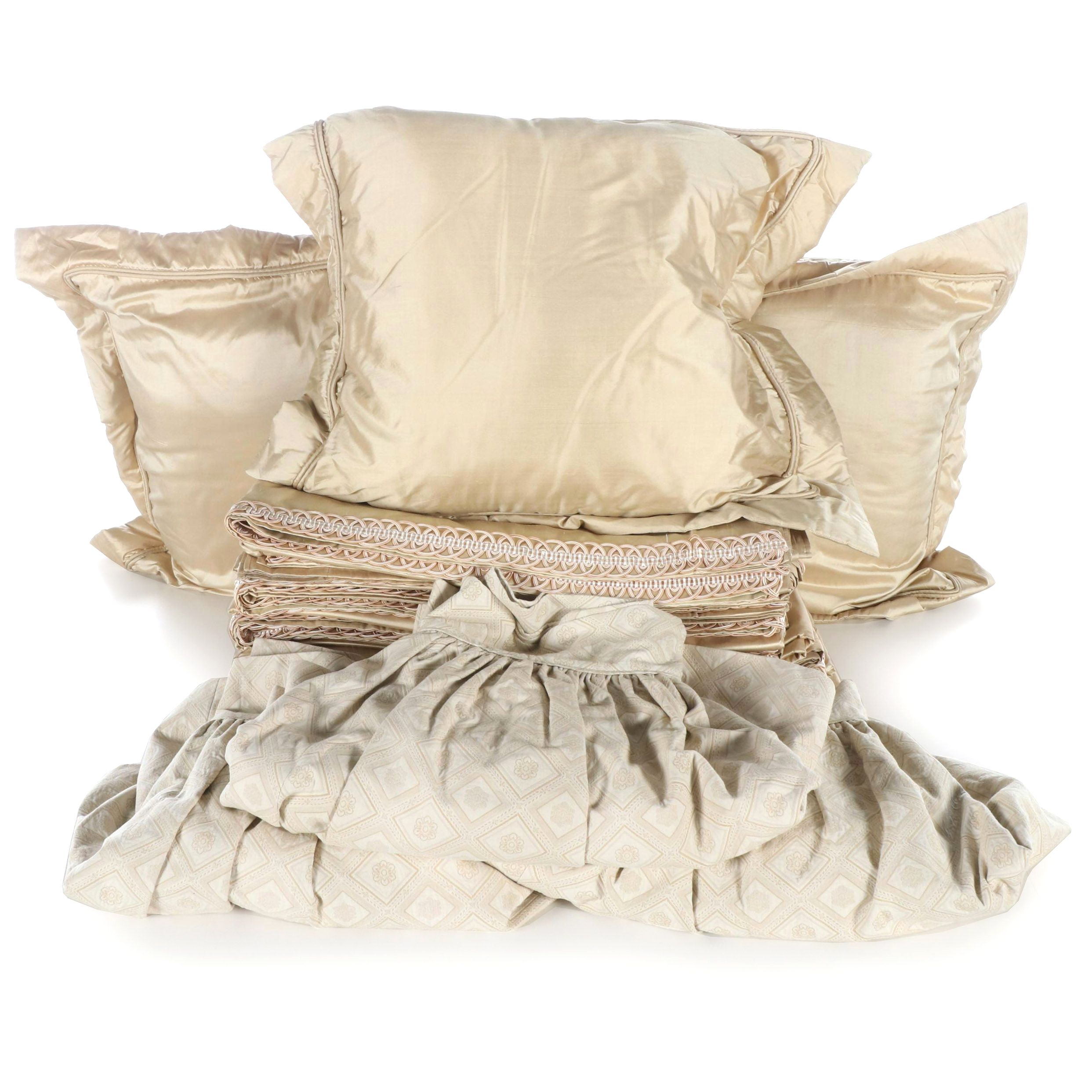 Bedskirt and Throw Pillows Set with Matching Braided Trimmed Curtains