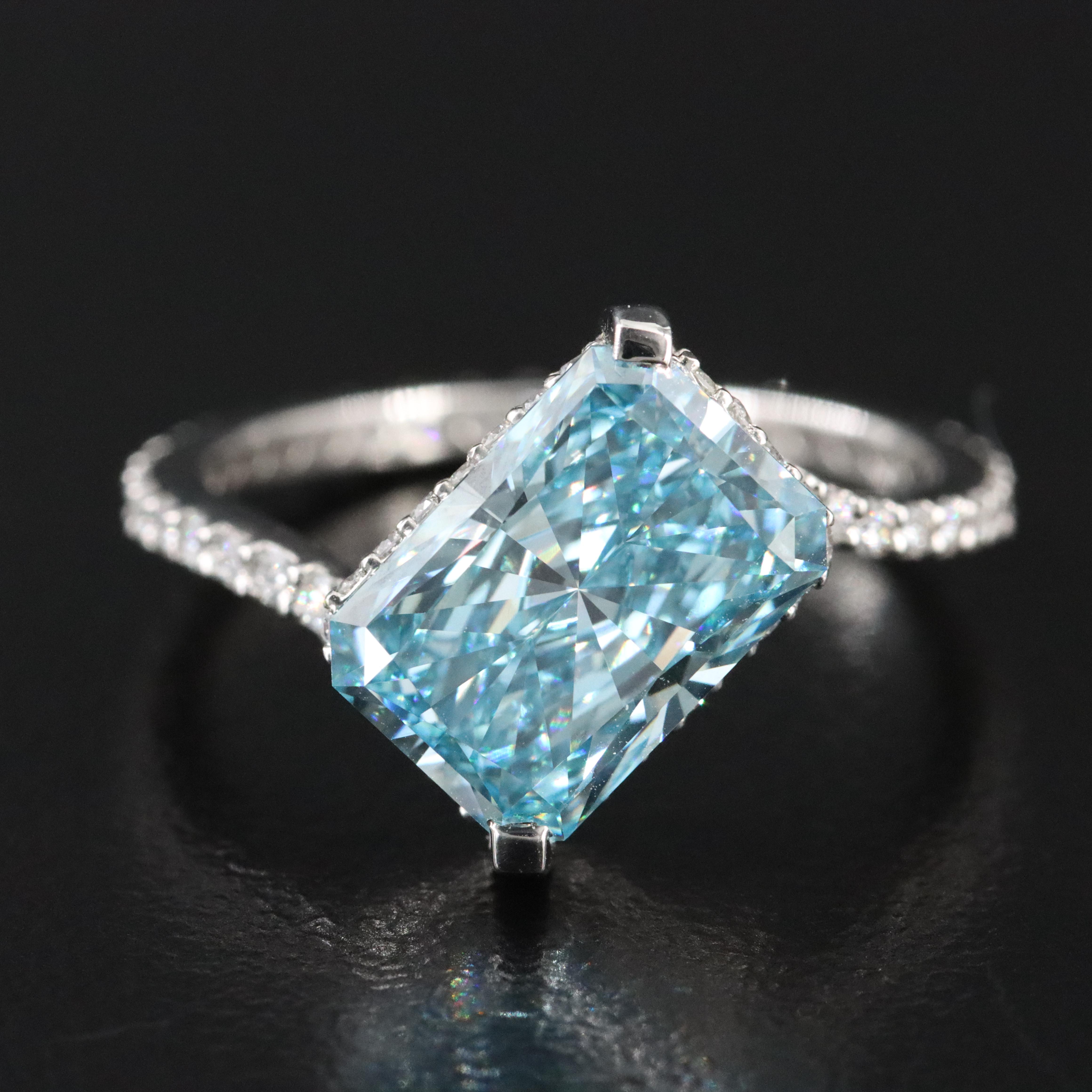 Platinum 3.59 CTW Lab Grown Diamond Ring with Fancy Blue Center and IGI Report