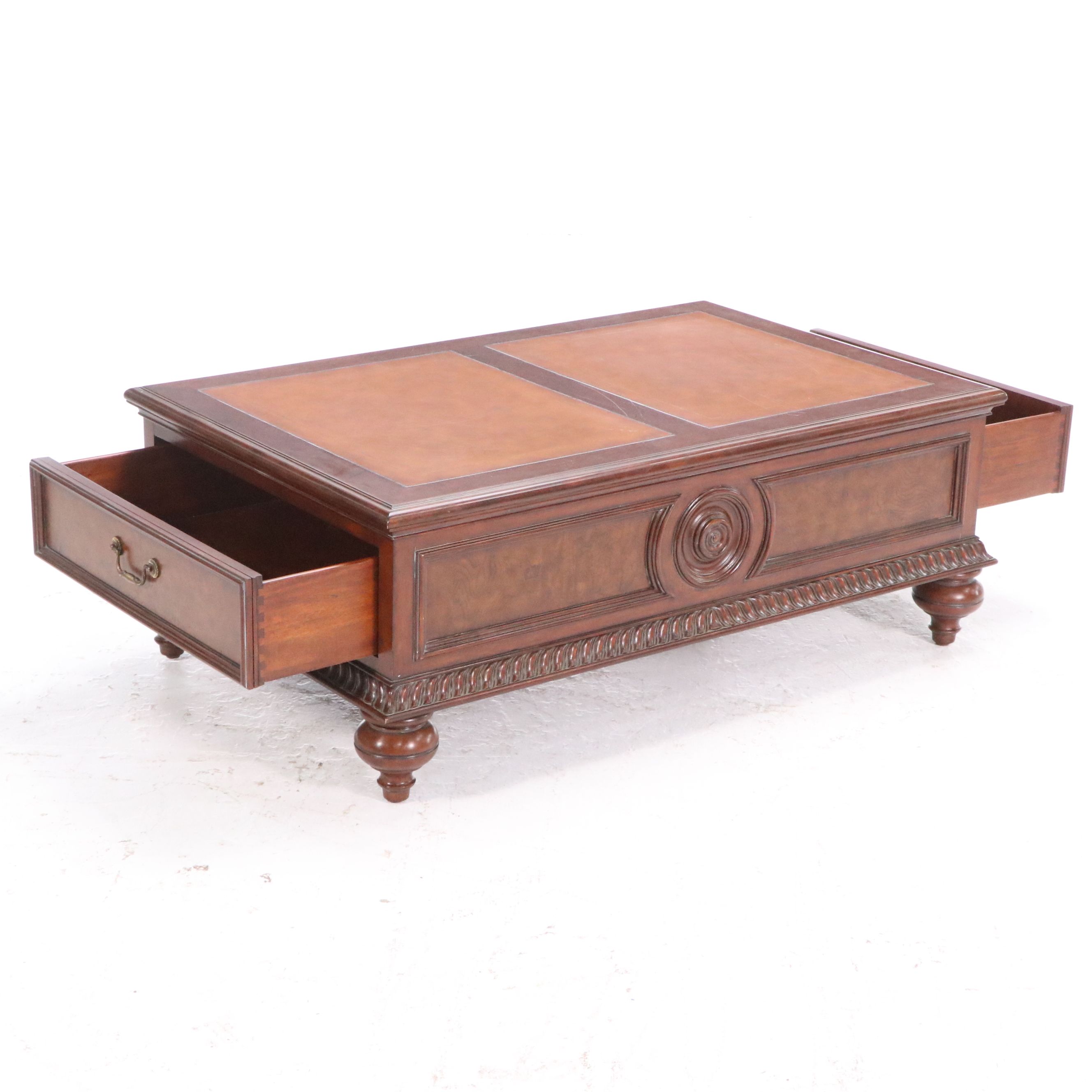 Ethan Allen Classical Style Leather Top Mahogany Coffee Table with Storage