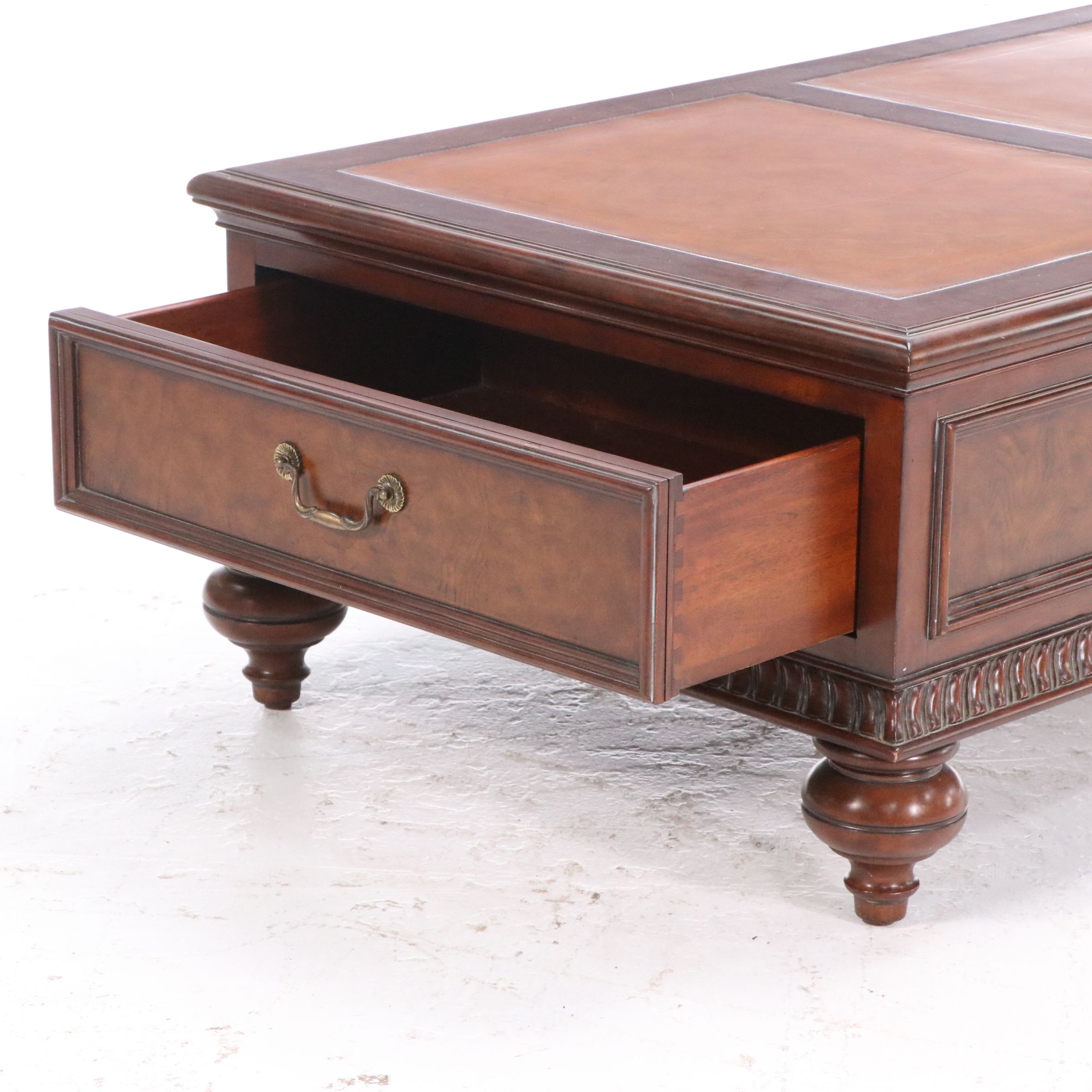 Ethan Allen Classical Style Leather Top Mahogany Coffee Table with Storage
