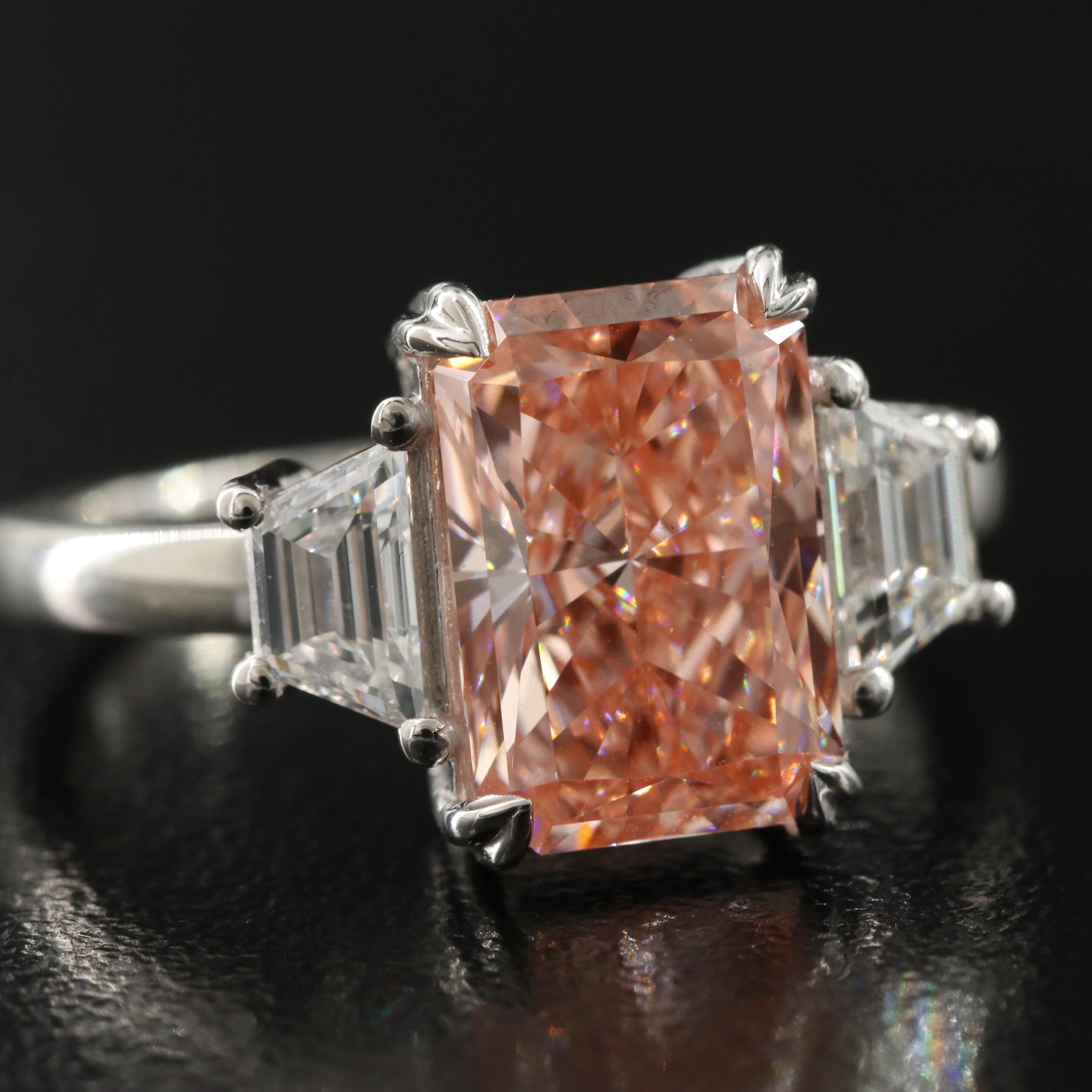 14K 3.64 CTW Lab Grown Diamond Ring with Fancy Pink Center and IGI Report