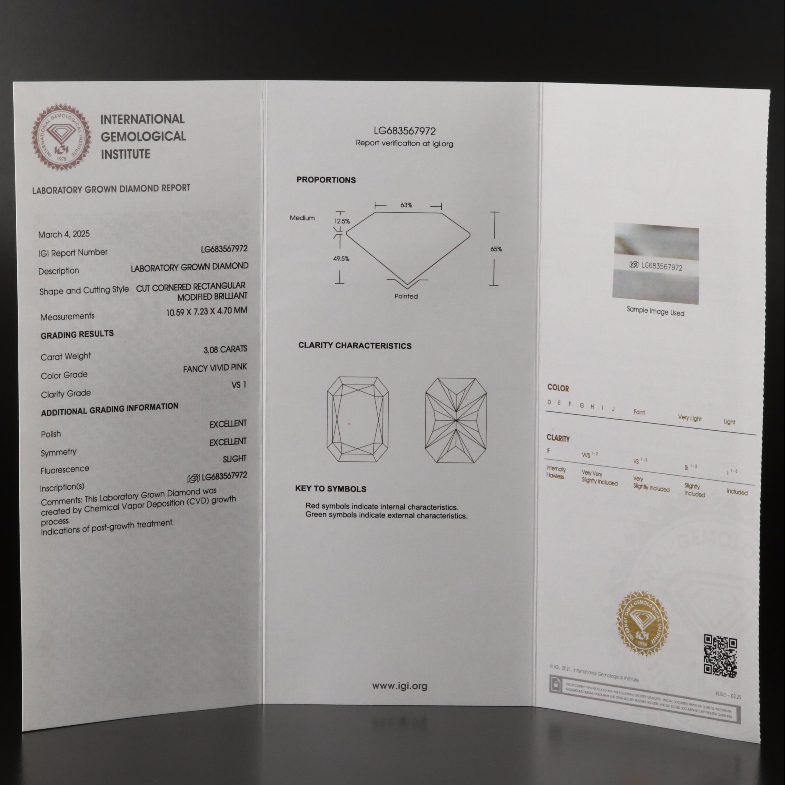 14K 3.64 CTW Lab Grown Diamond Ring with Fancy Pink Center and IGI Report