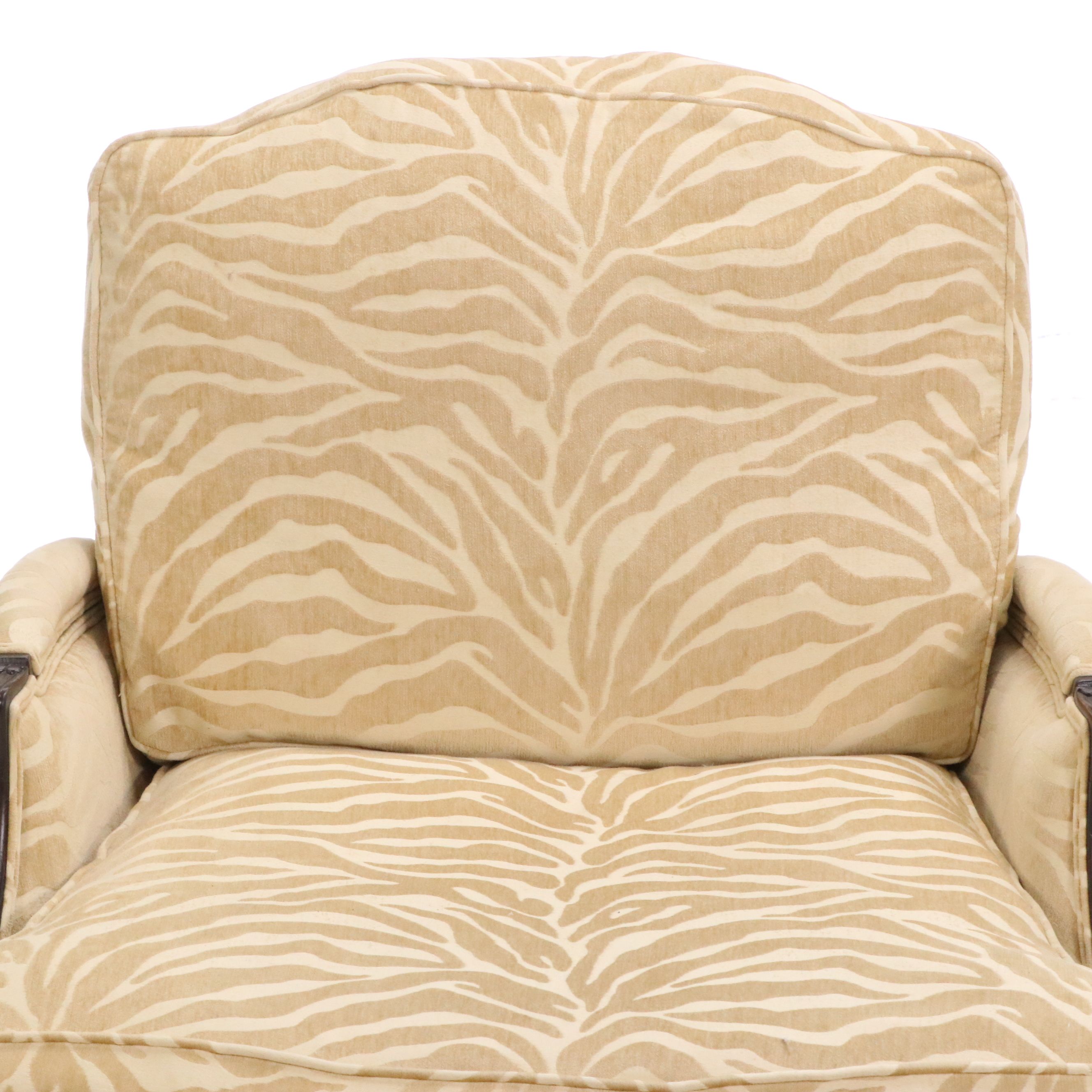 Ethan Allen Zebra Pattern Upholstered Armchair and Ottoman