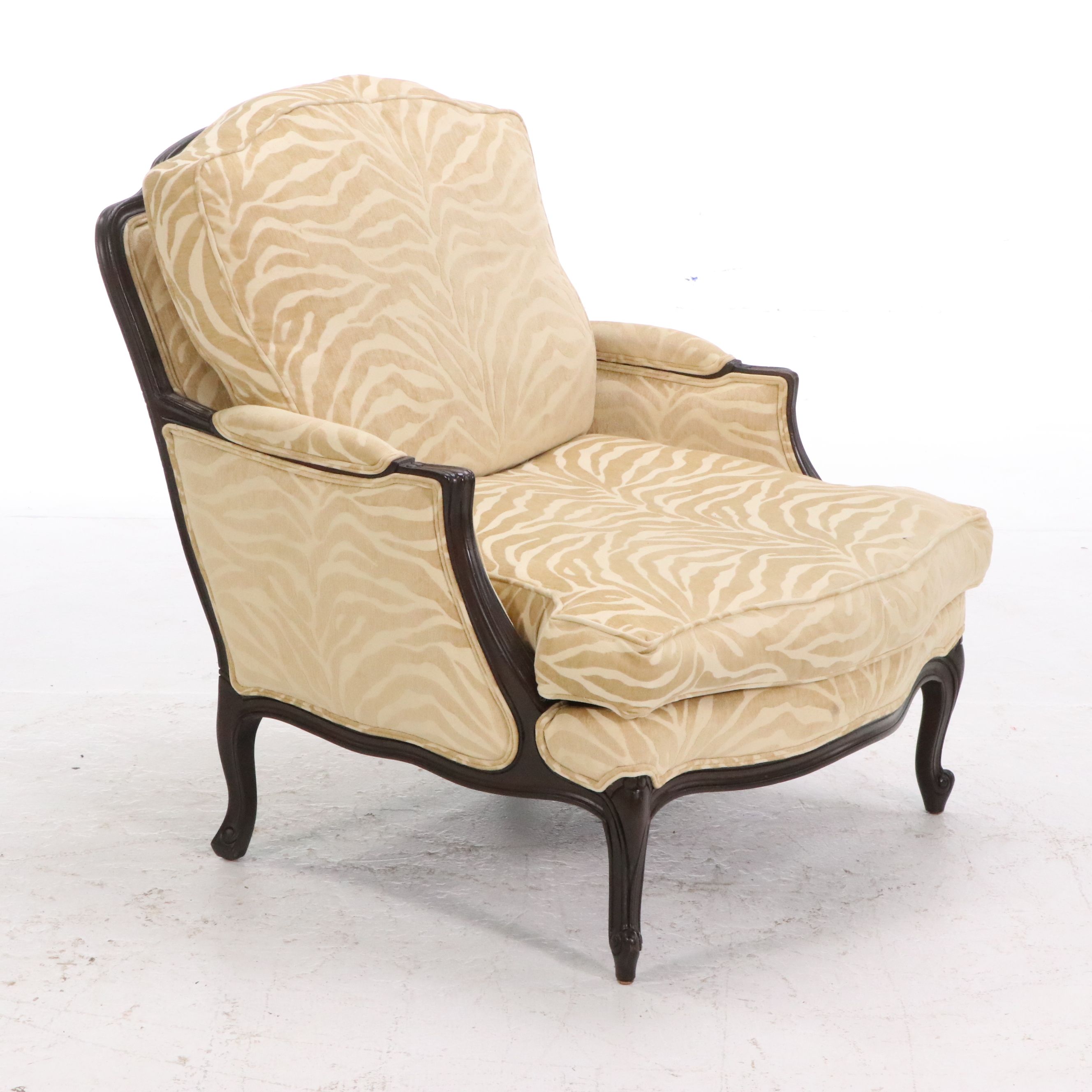 Ethan Allen Zebra Pattern Upholstered Armchair and Ottoman