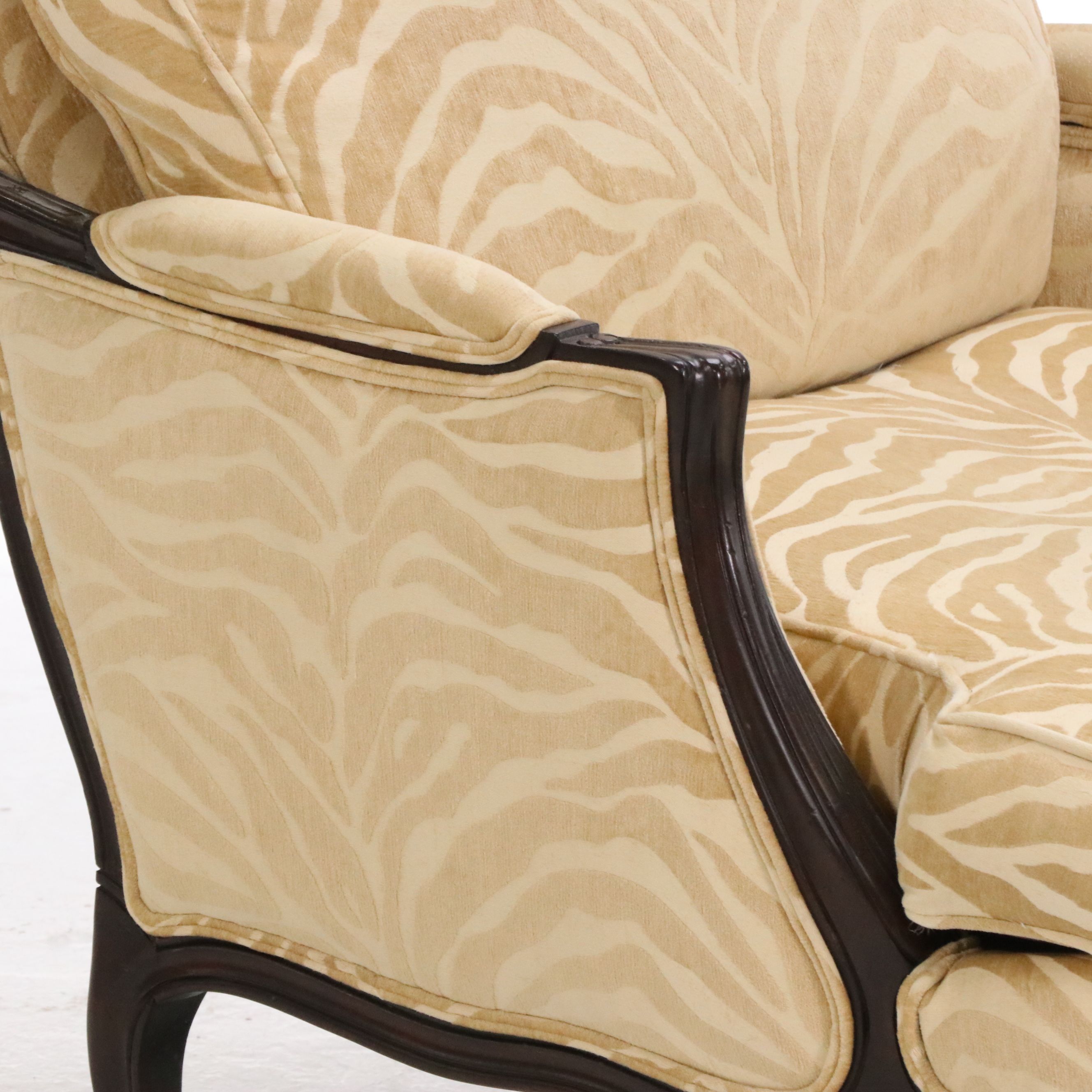 Ethan Allen Zebra Pattern Upholstered Armchair and Ottoman