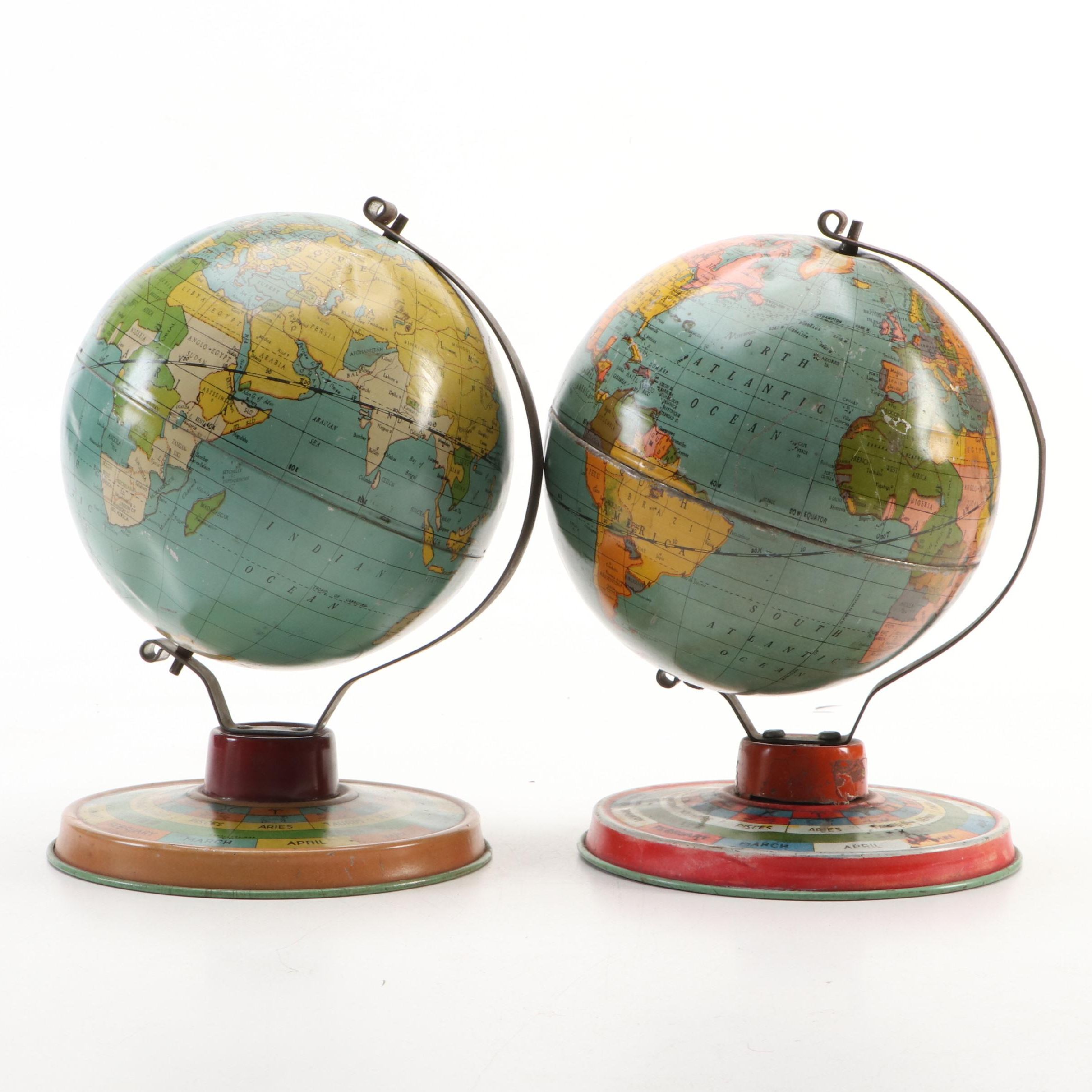 Tin Lithograph Desk World Globes, Mid-20th Century