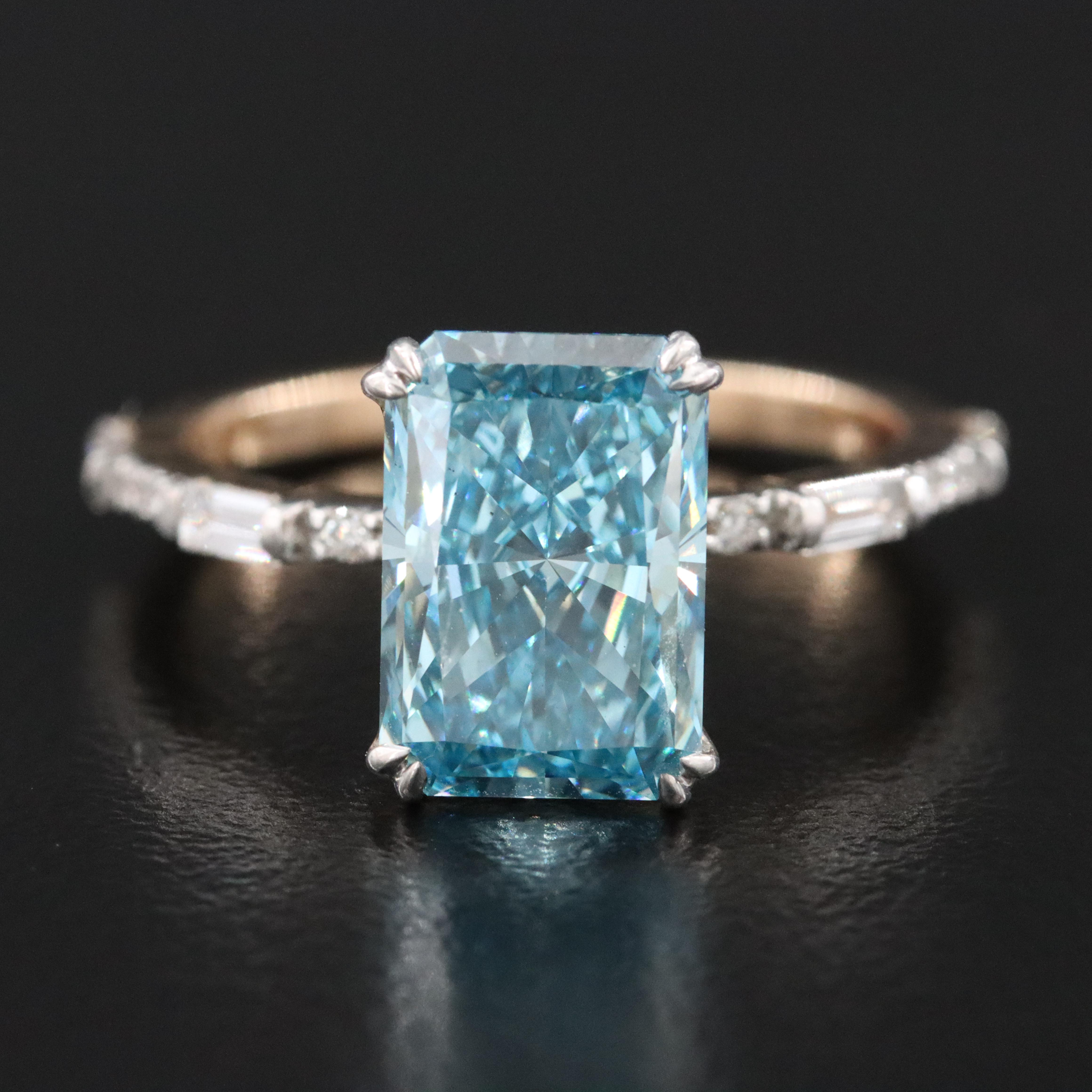 14K 3.34 CTW Lab Grown Diamond Ring with Fancy Blue Center and IGI Report