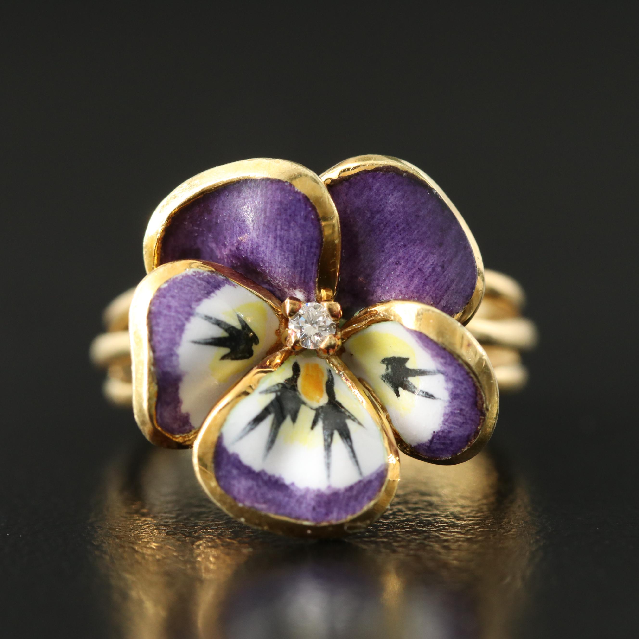 18K Diamond and Enamel Pansy Ring