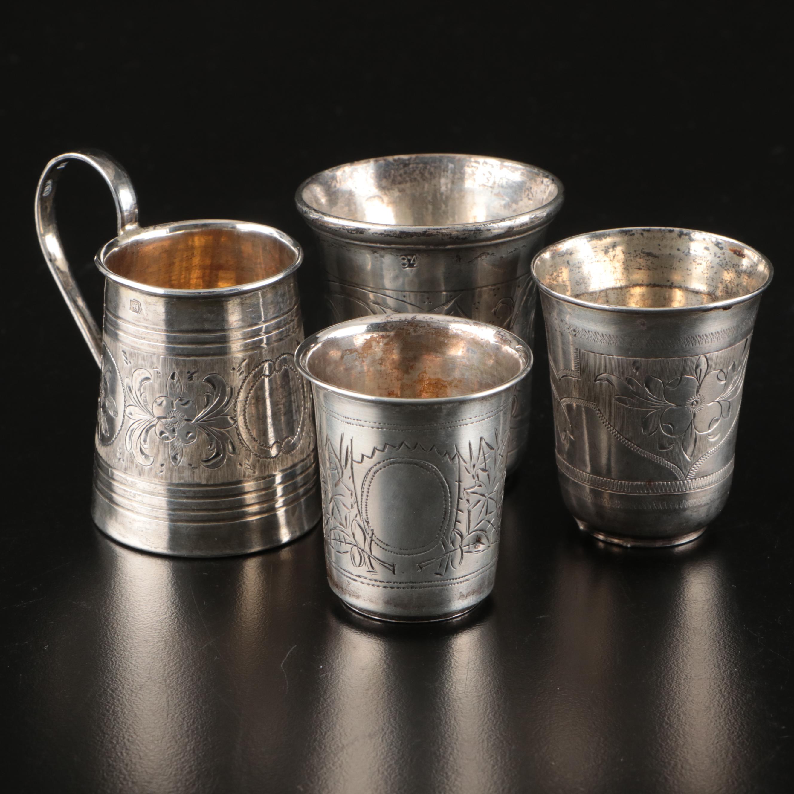 Russian Engraved 875 Silver Cups and Tankard, Mid to Late 19th Century