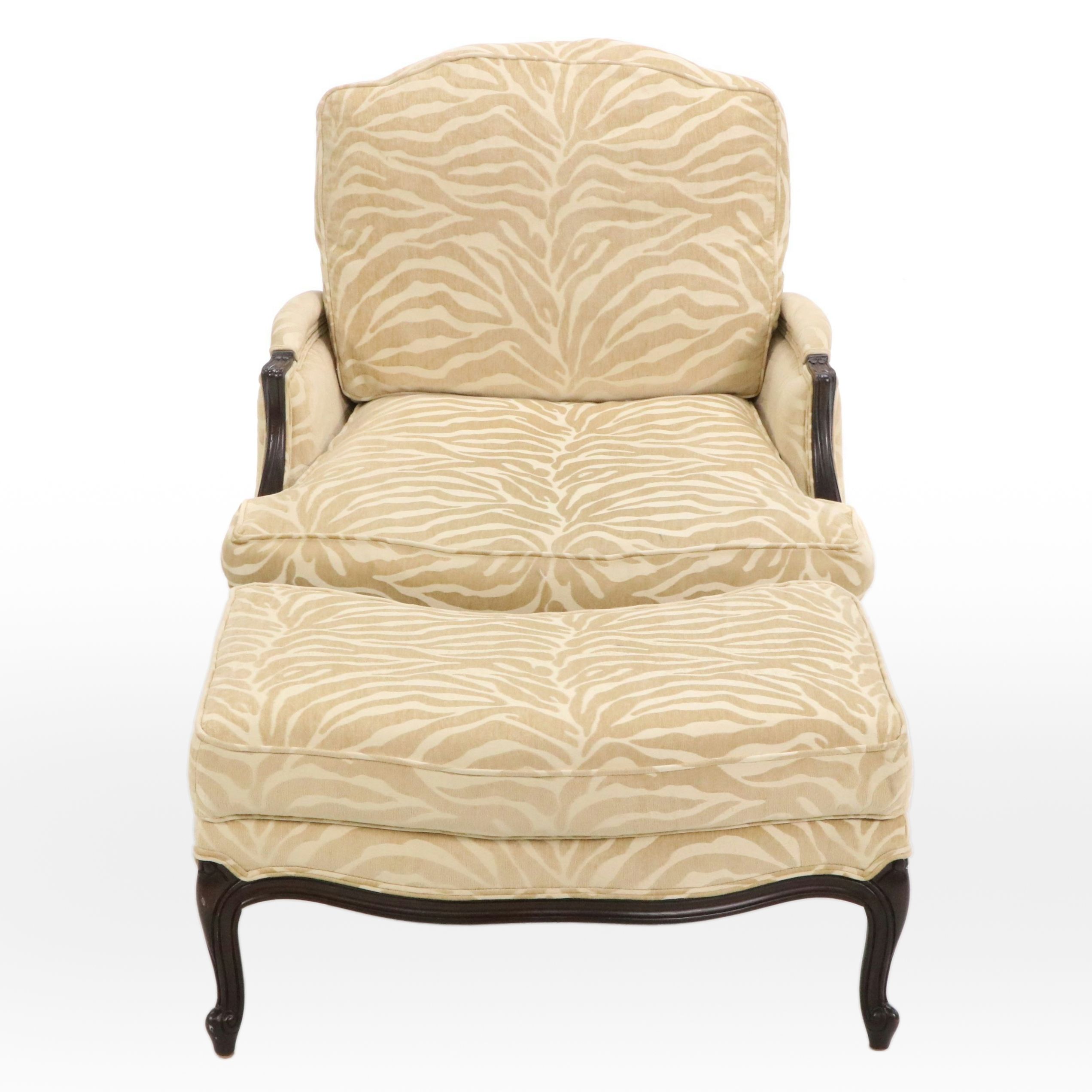 Ethan Allen Zebra Pattern Upholstered Armchair and Ottoman