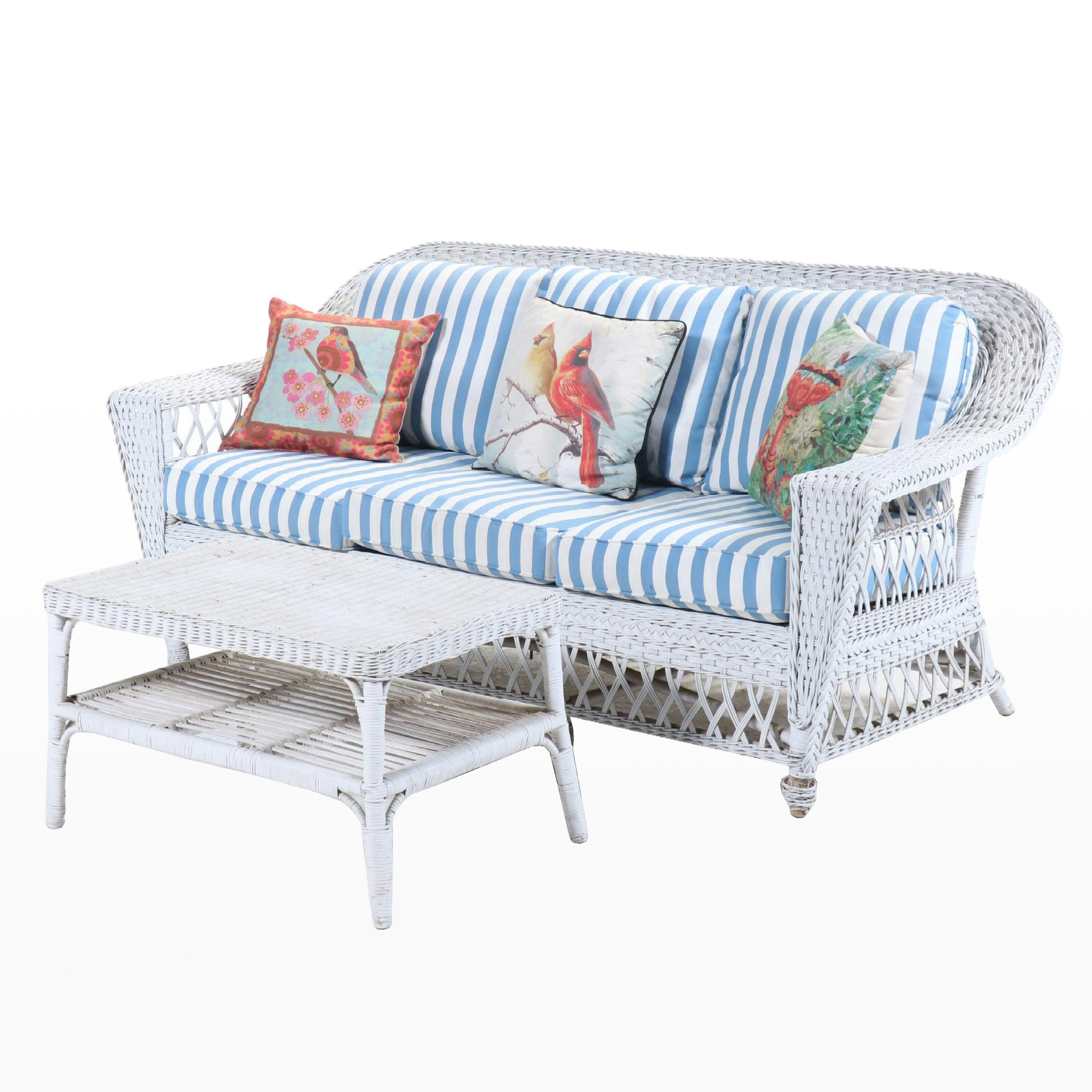 Henry Link White-Painted Wicker Rattan Patio Sofa with Coffee Table