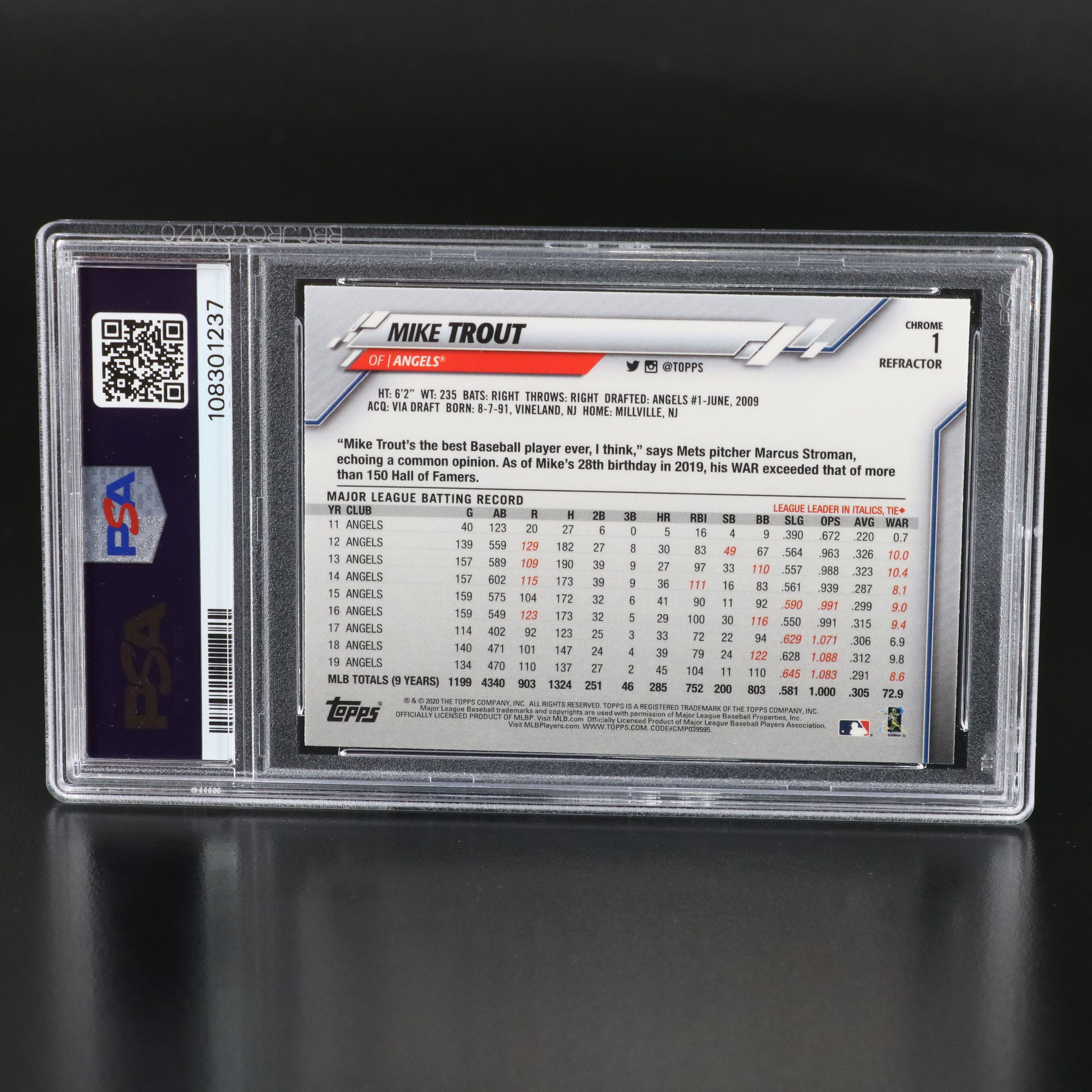 2020 Topps Chrome Mike Trout Sepia Refractor Baseball Card Graded PSA 10