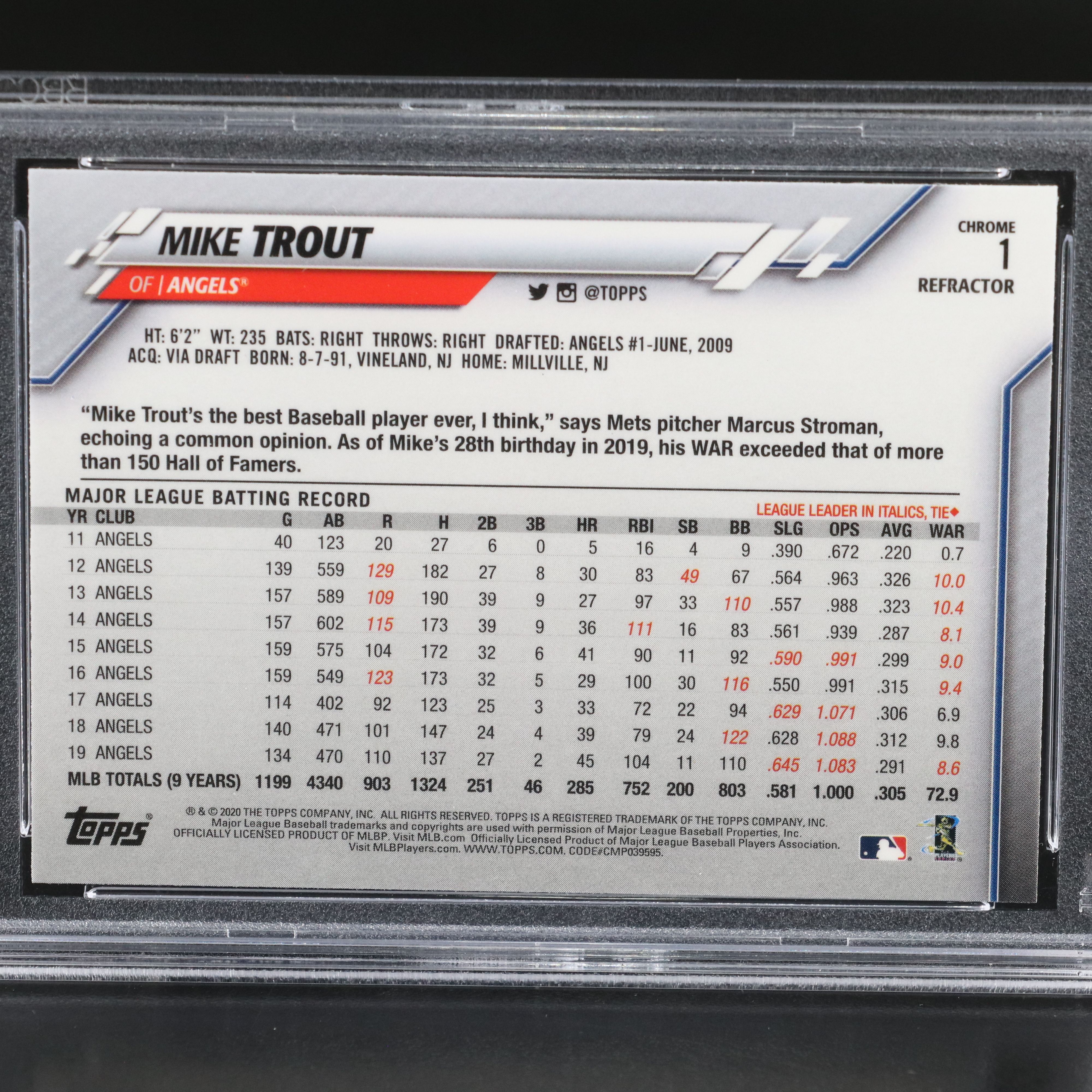2020 Topps Chrome Mike Trout Sepia Refractor Baseball Card Graded PSA 10