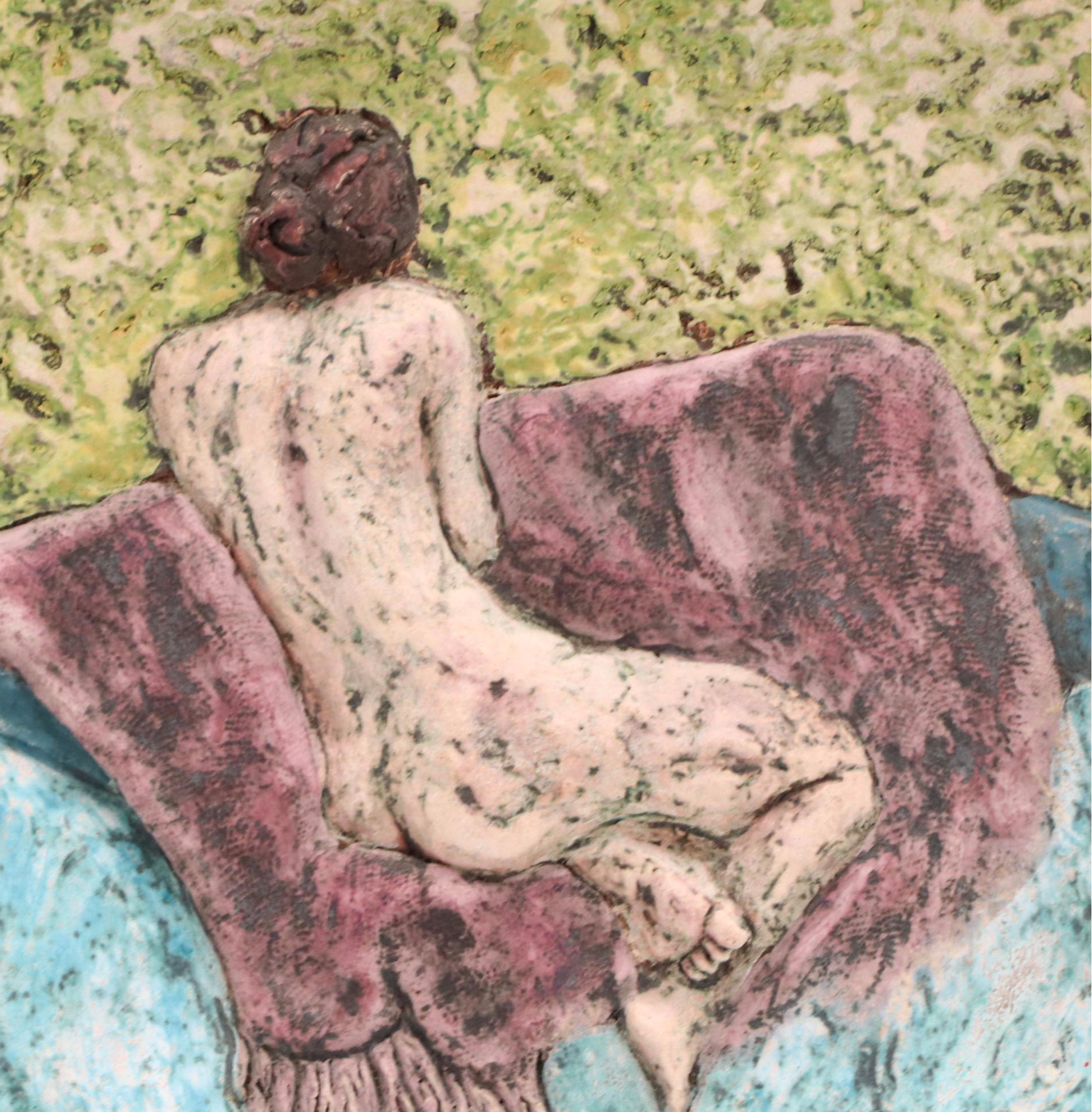 Marsha Karagheusian Ceramic Bas-Relief Plaque Depicting Nude