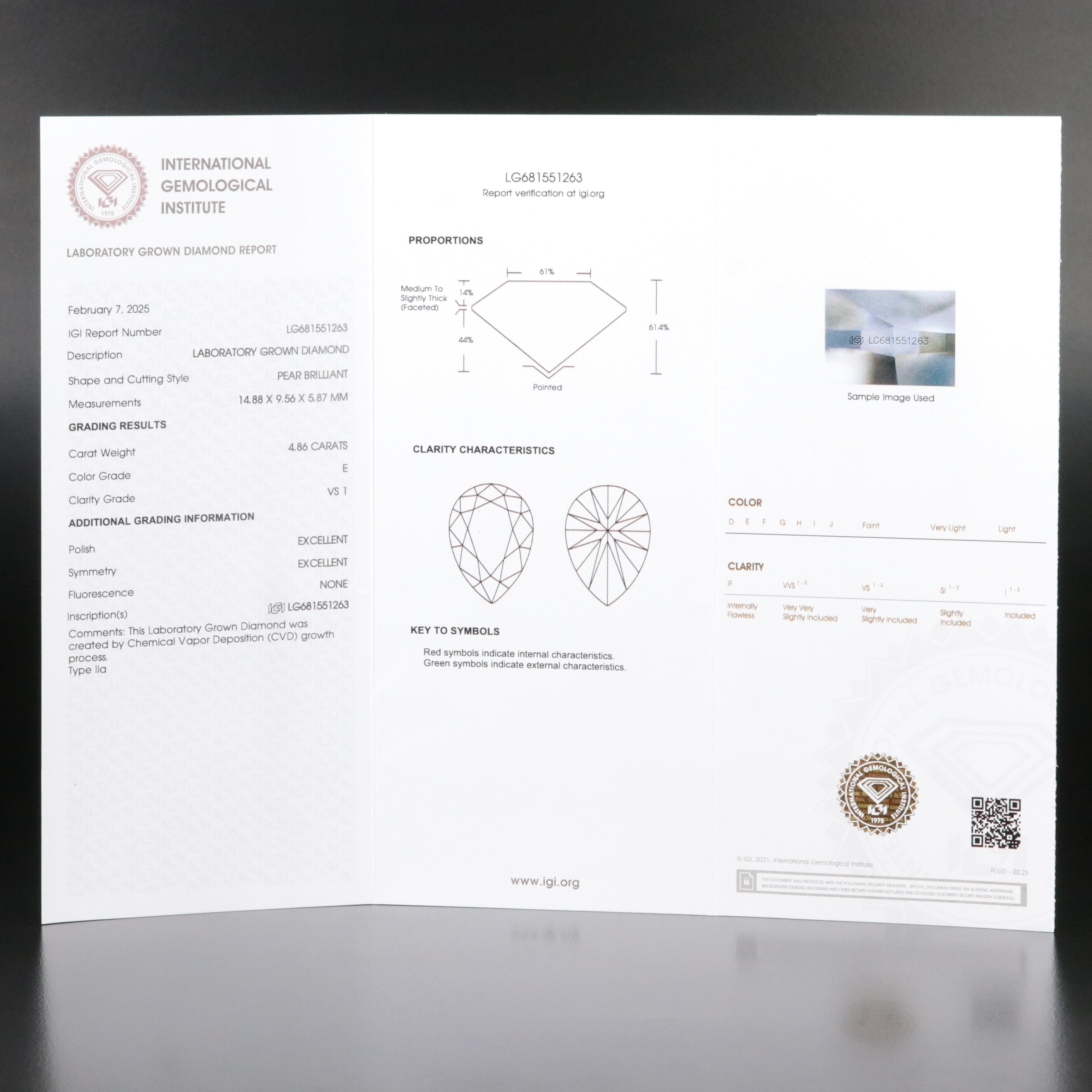 Platinum 4.86 CT Lab Grown Diamond Solitaire Necklace with IGI Report