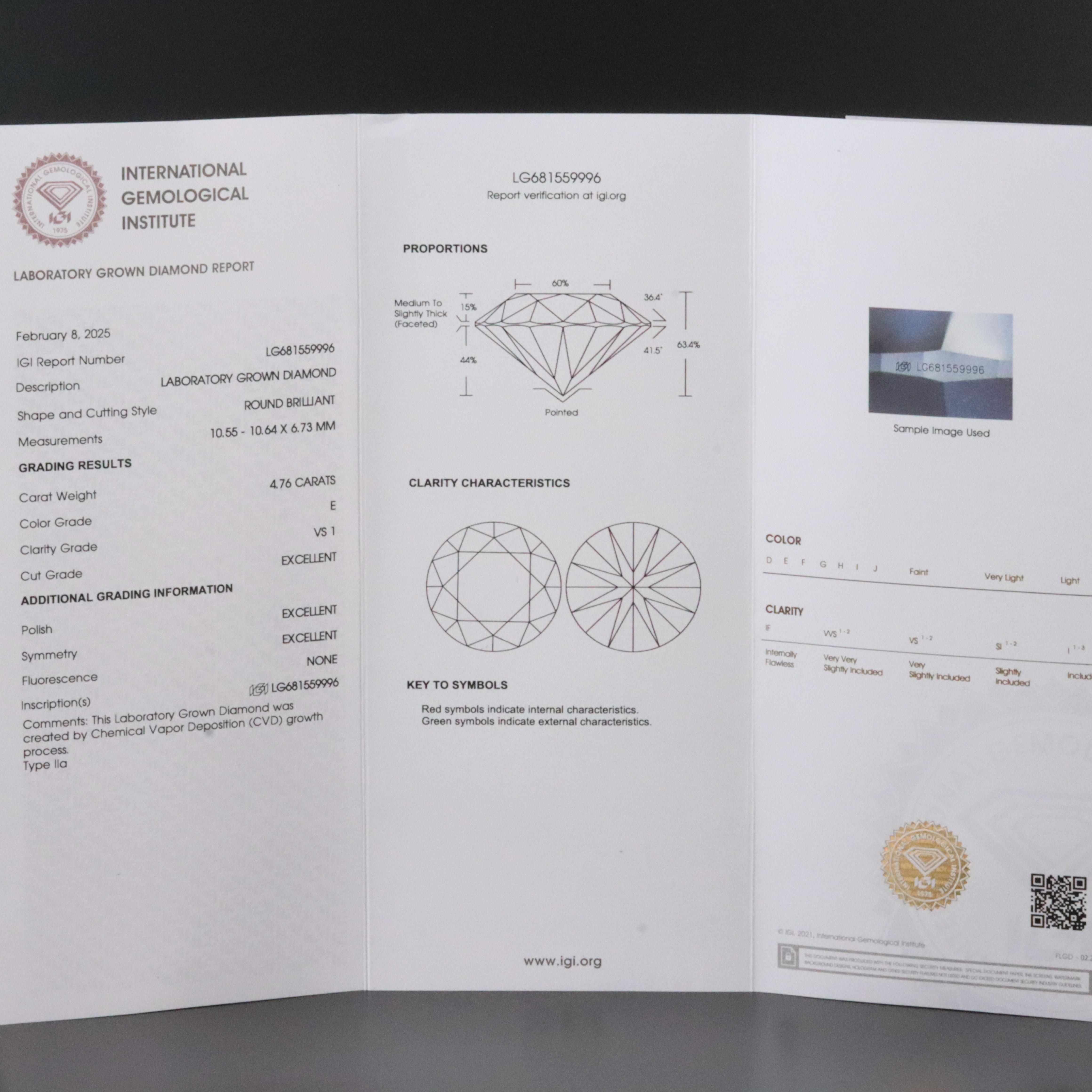 Platinum 4.76 CT Lab Grown Diamond Solitaire Necklace with IGI Report