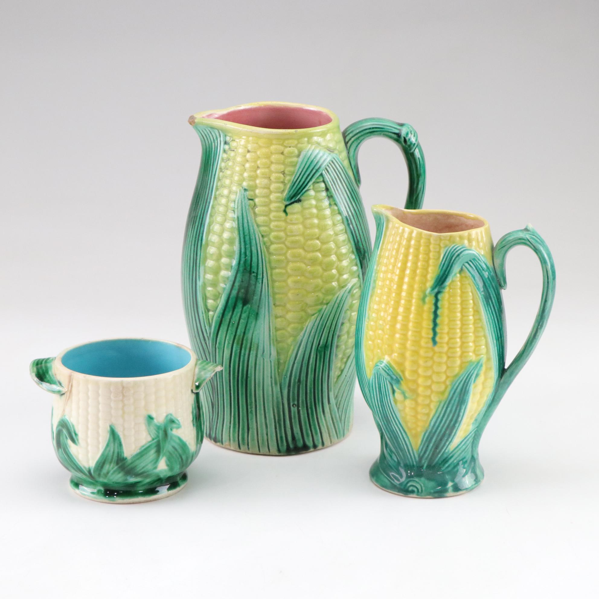 Majolica Style Corn Cob Collection of Pitchers and Mug