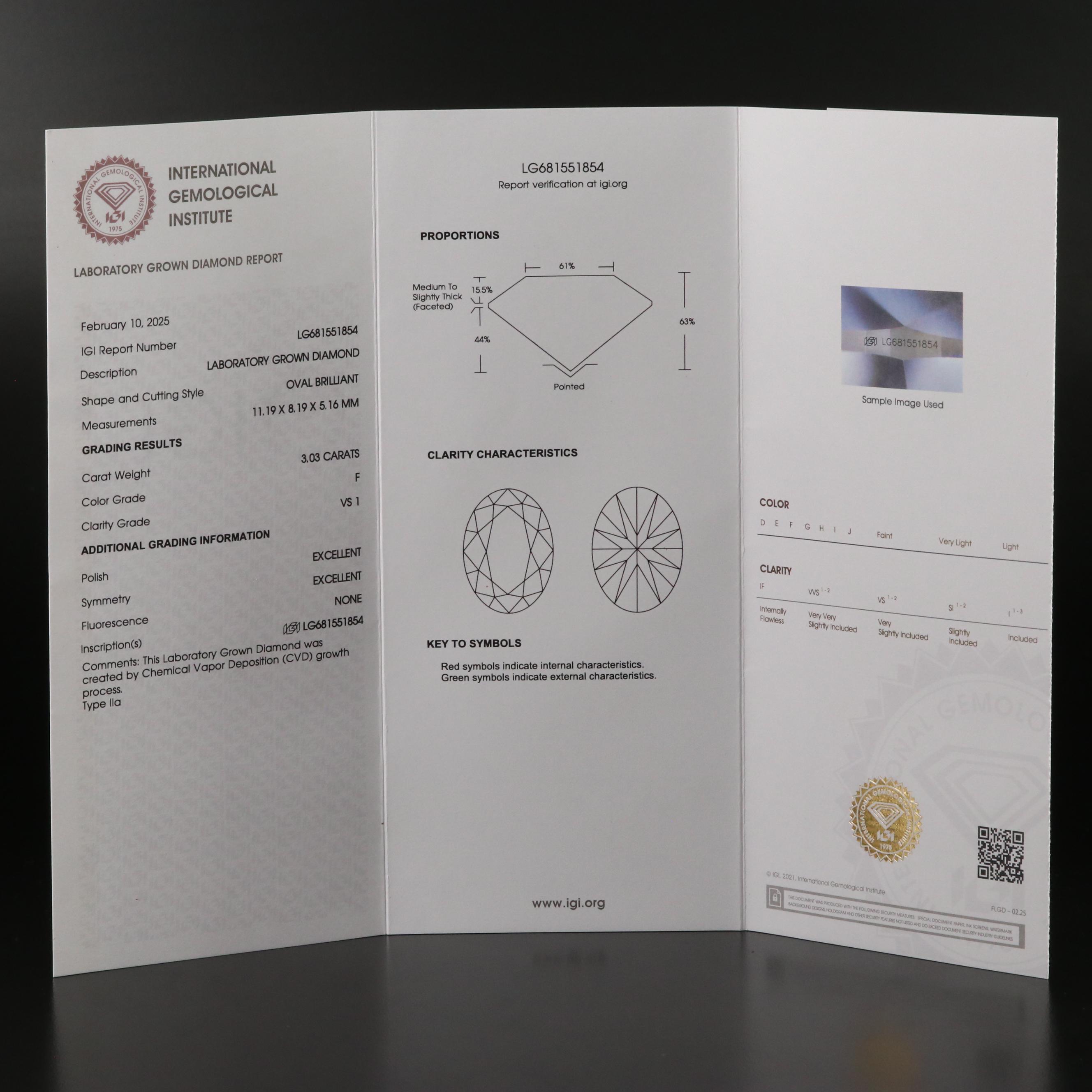 Platinum 3.03 CT Lab Grown Diamond Solitaire Necklace with IGI Report